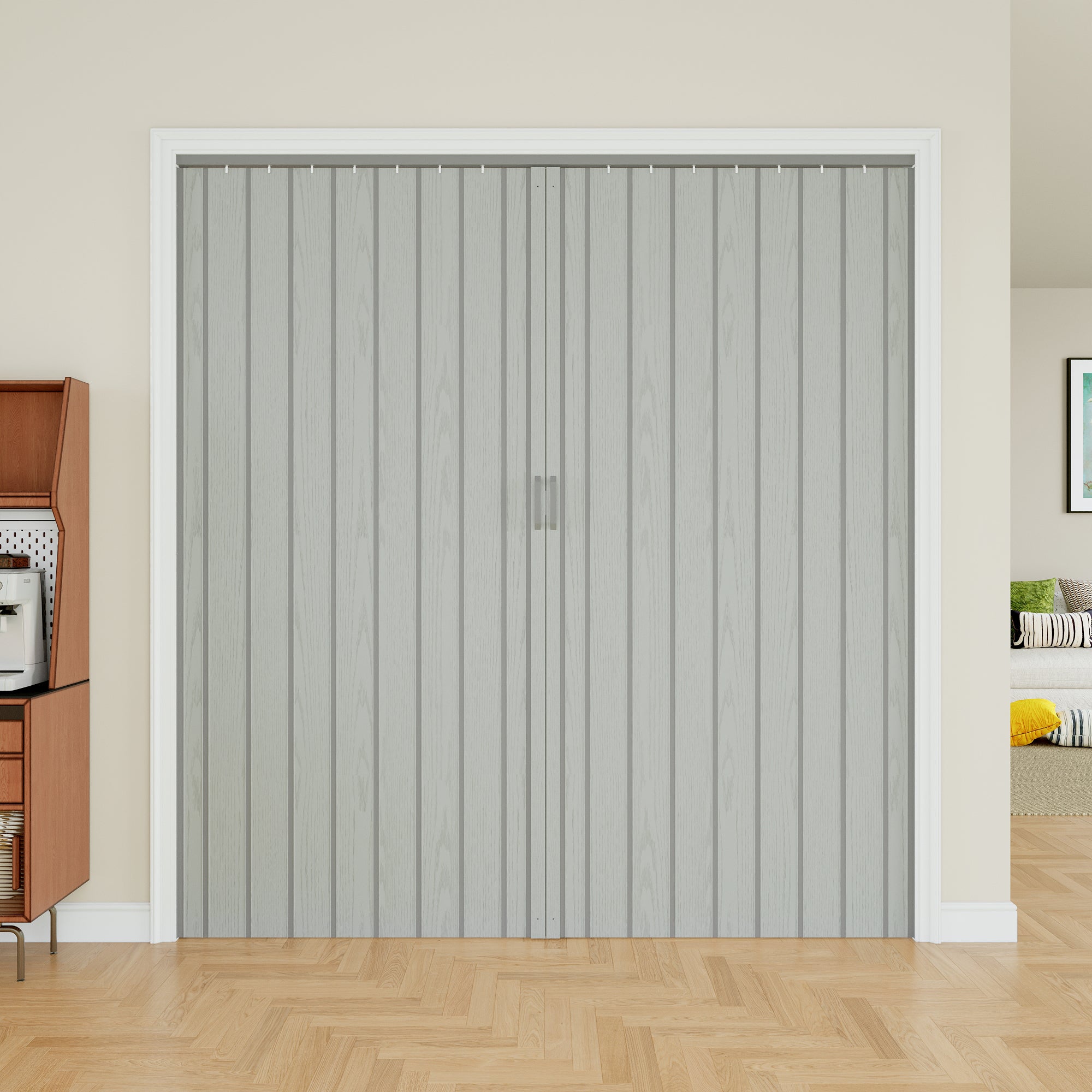 Ark Design Upgrade Single Layer Trimmable Gray Wood Grain Vinyl Accordion Door with Handles and Magnetic Door Lock