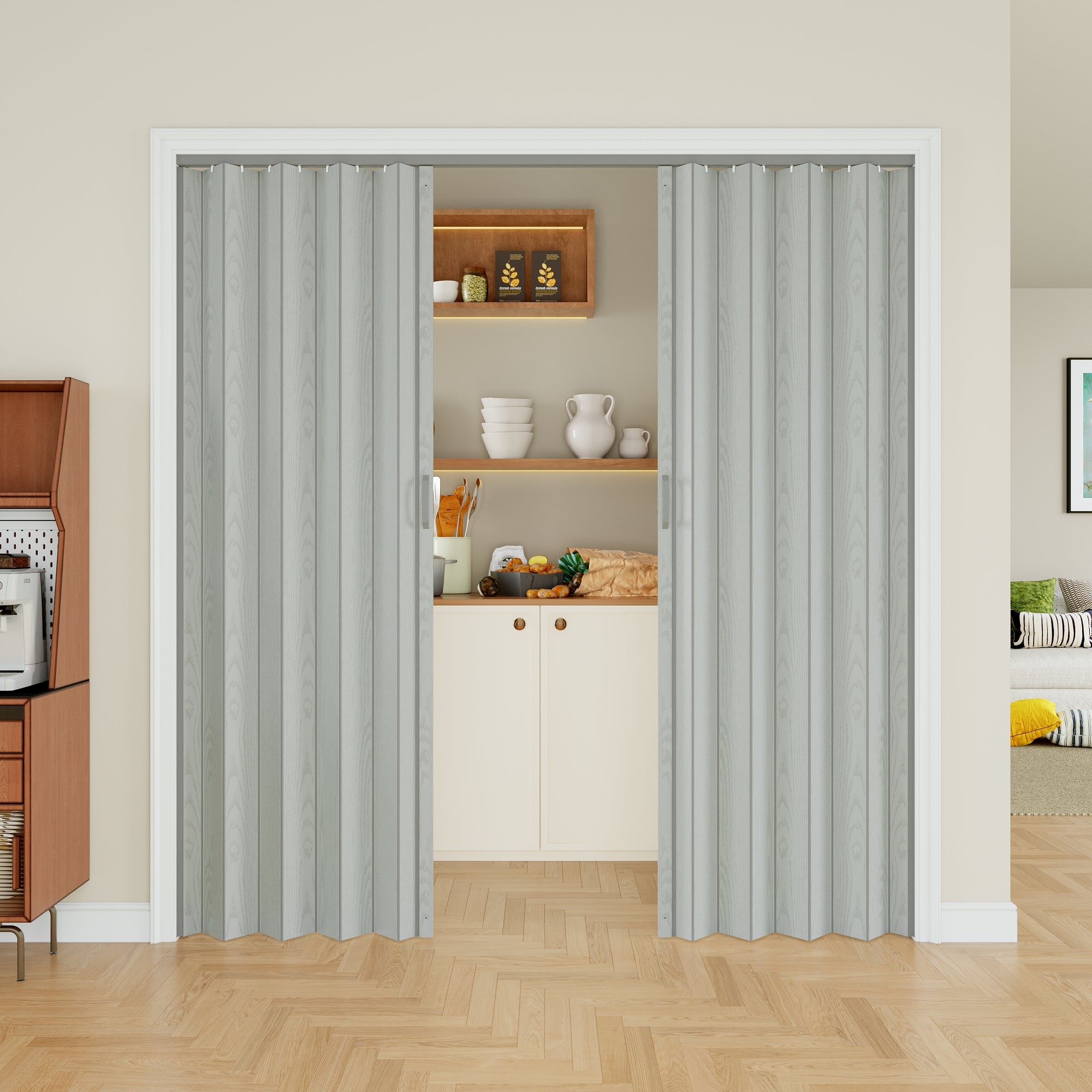Ark Design Upgrade Single Layer Trimmable Gray Wood Grain Vinyl Accordion Door with Handles and Magnetic Door Lock