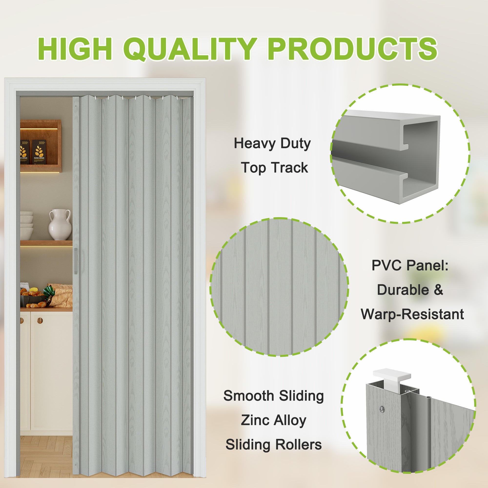 Ark Design Upgrade Single Layer Trimmable Gray Wood Grain Vinyl Accordion Door with Handles and Magnetic Door Lock