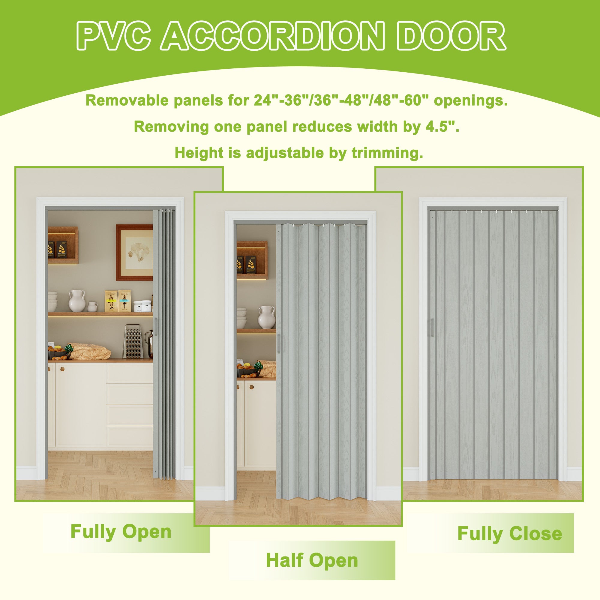 Ark Design Upgrade Single Layer Trimmable Gray Wood Grain Vinyl Accordion Door with Handles and Magnetic Door Lock