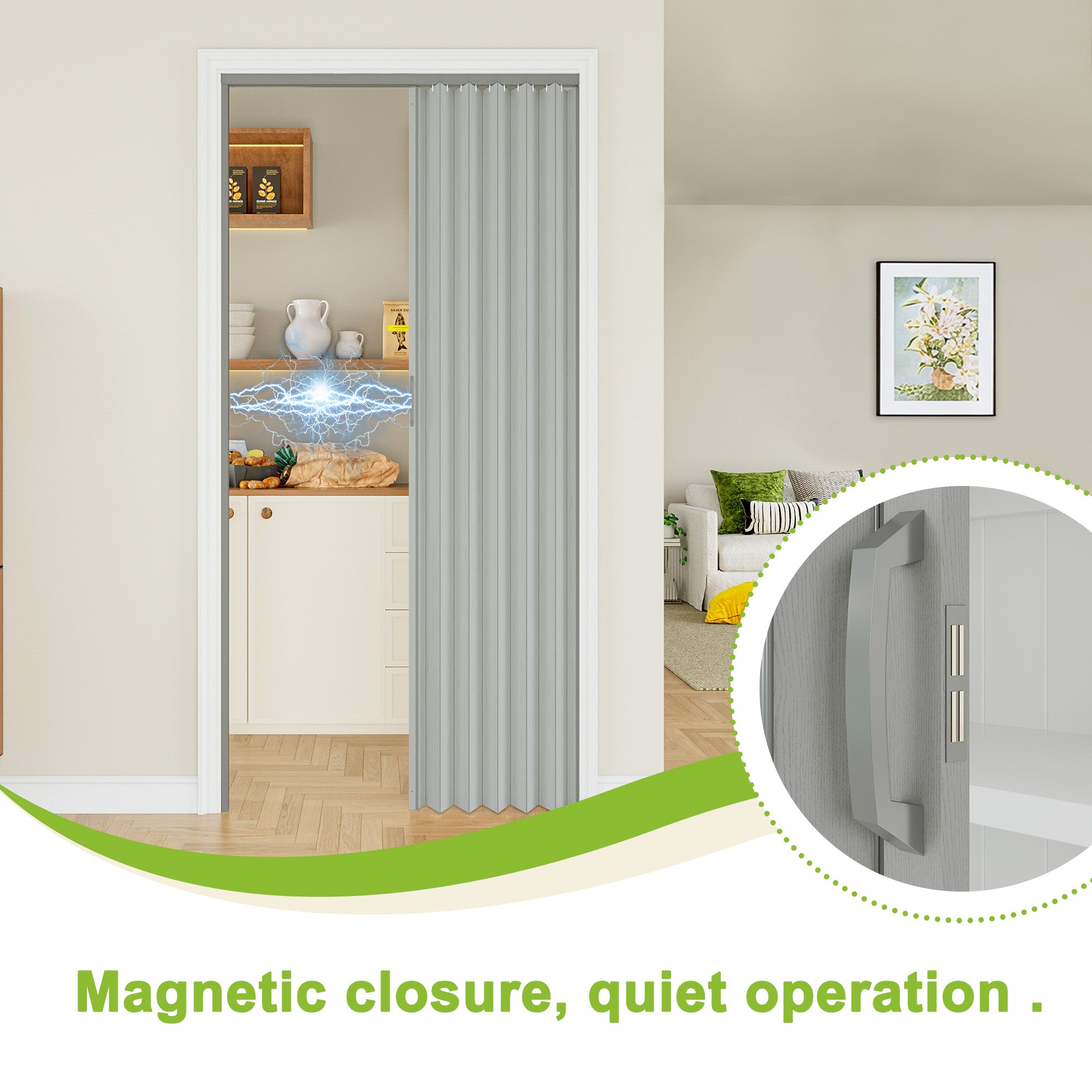 Ark Design Upgrade Single Layer Trimmable Gray Wood Grain Vinyl Accordion Door with Handles and Magnetic Door Lock