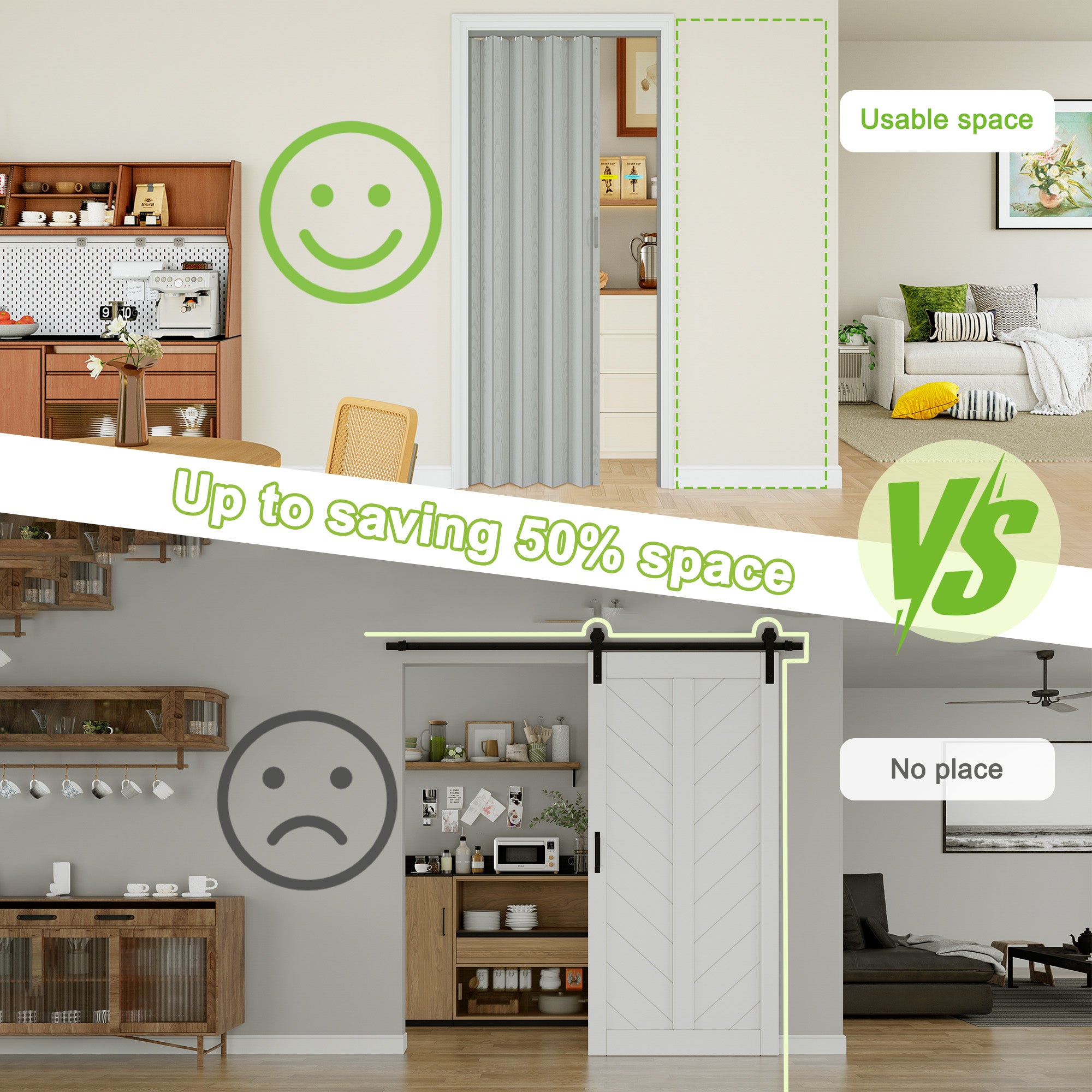 Ark Design Upgrade Single Layer Trimmable Gray Wood Grain Vinyl Accordion Door with Handles and Magnetic Door Lock