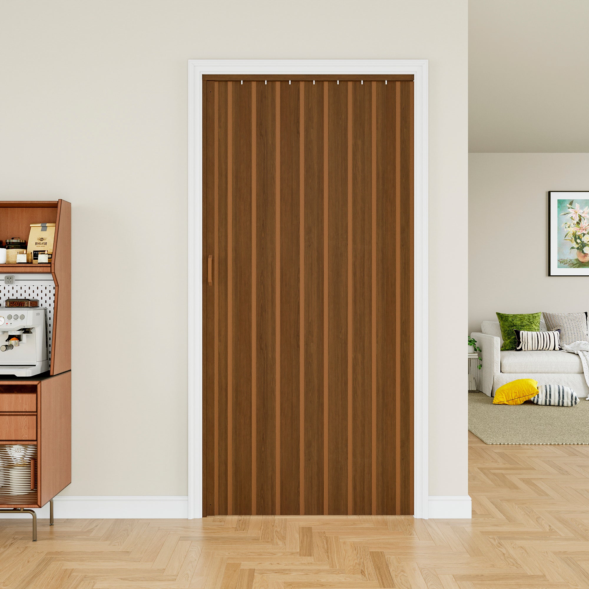 Ark Design Upgrade Single Layer Trimmable Walnut Vinyl Accordion Door with Handles and Magnetic Door Lock