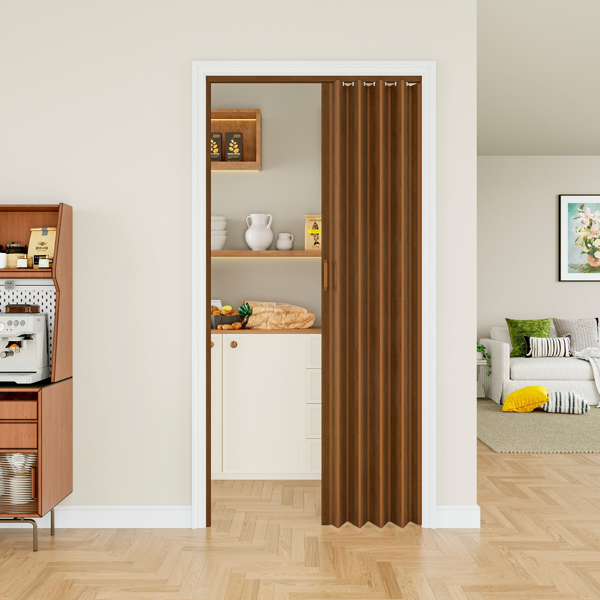 Ark Design Upgrade Single Layer Trimmable Walnut Vinyl Accordion Door with Handles and Magnetic Door Lock