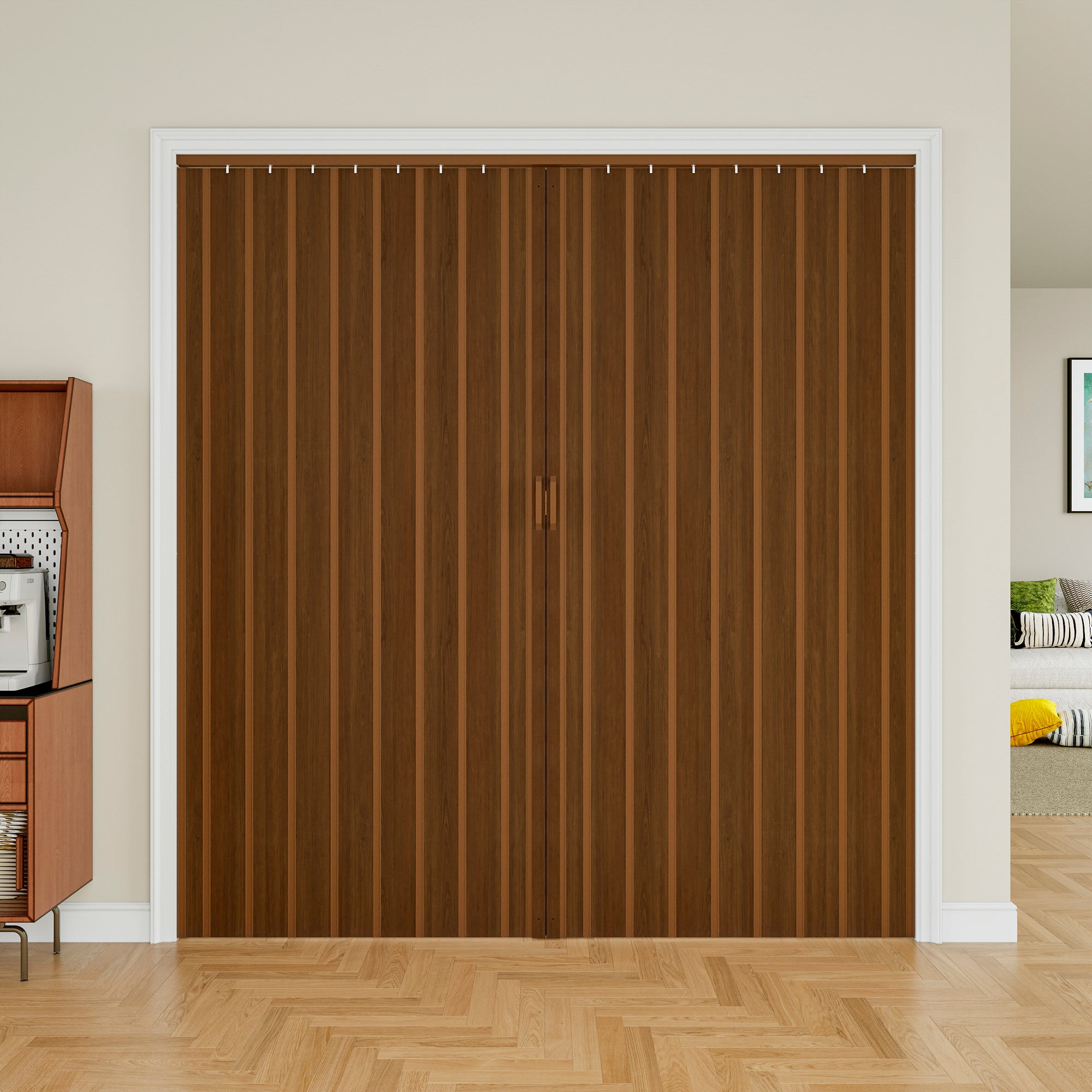 Ark Design Upgrade Single Layer Trimmable Walnut Vinyl Accordion Door with Handles and Magnetic Door Lock