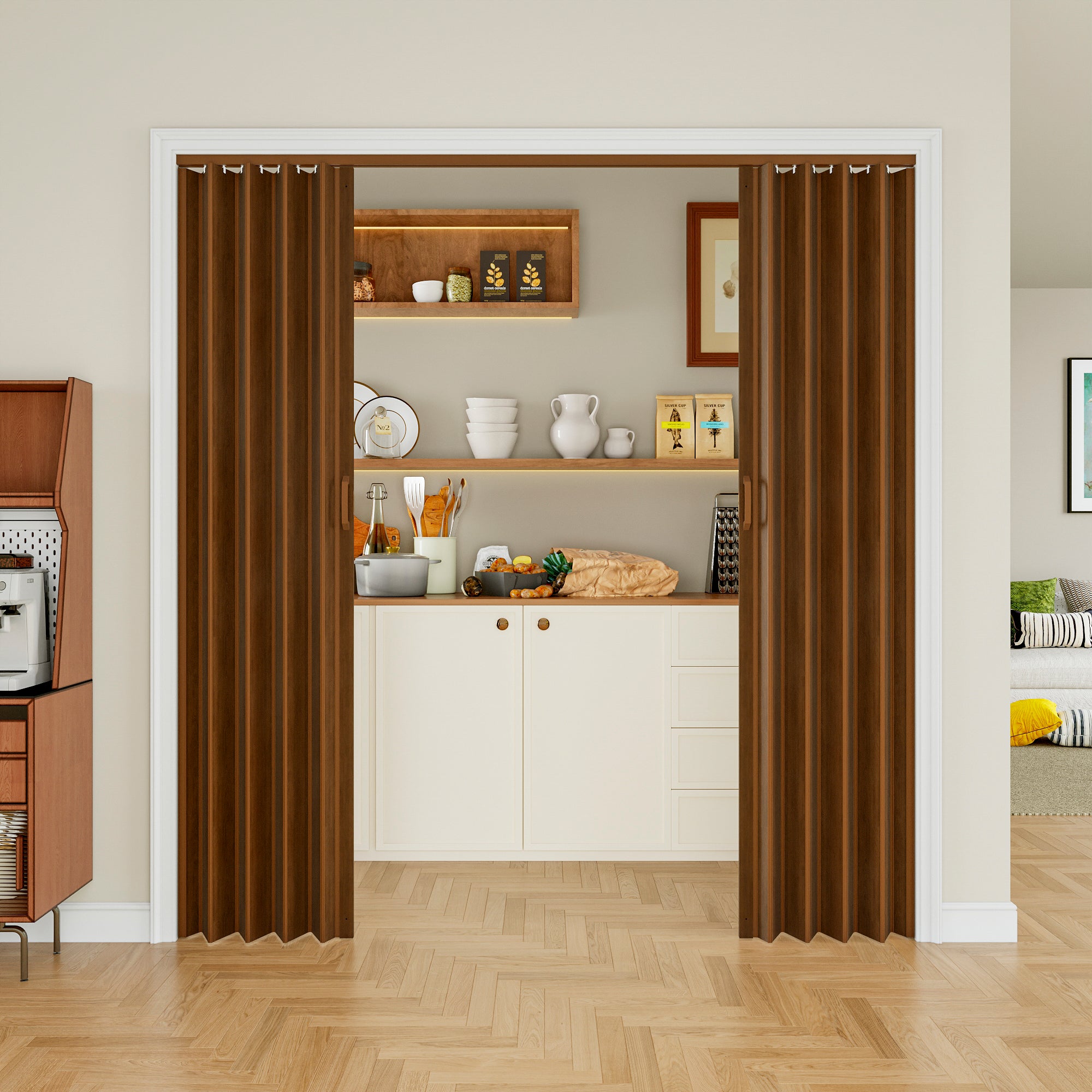 Ark Design Upgrade Single Layer Trimmable Walnut Vinyl Accordion Door with Handles and Magnetic Door Lock