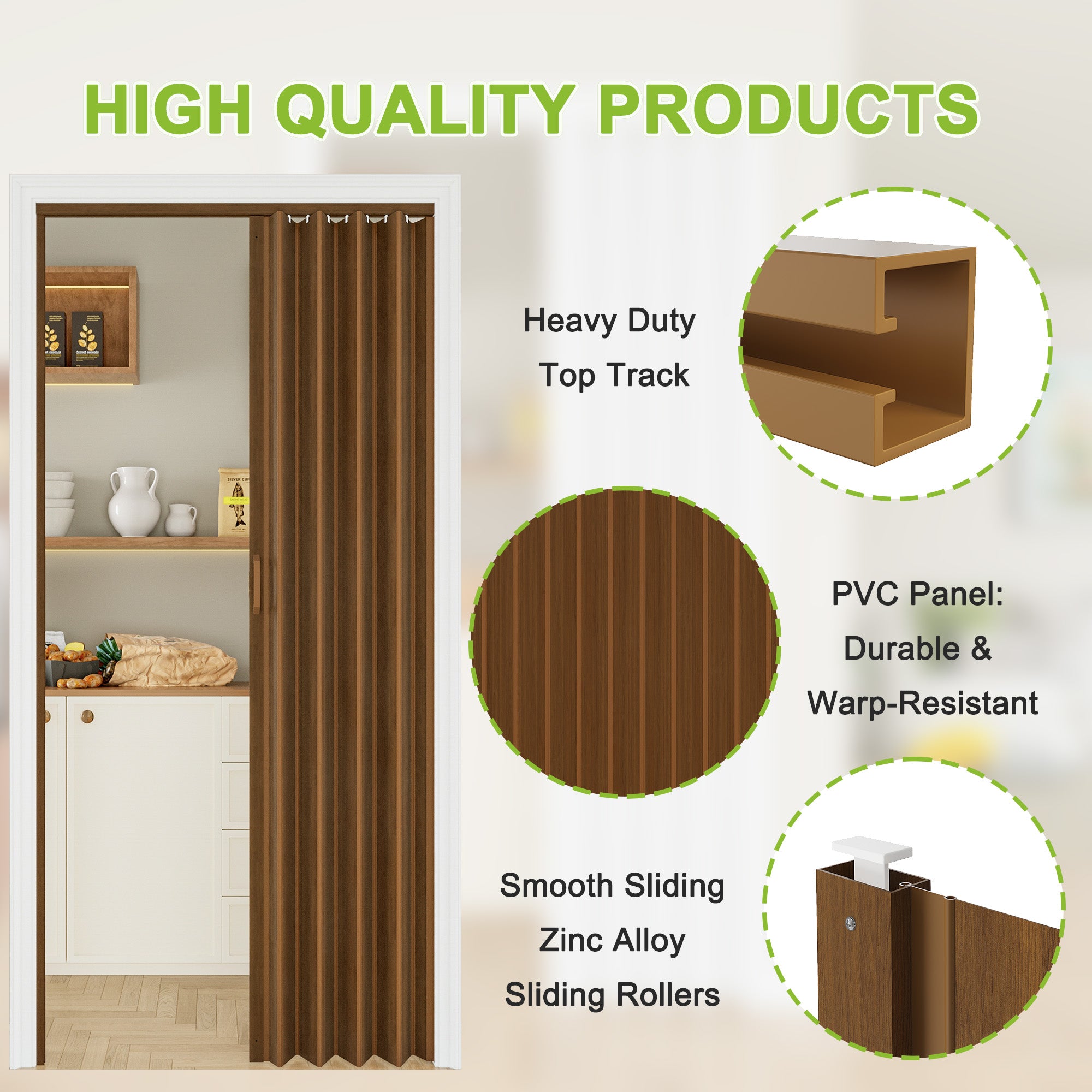 Single Layer Accordion Door with Handles & Magnetic Lock, Walnut Vinyl