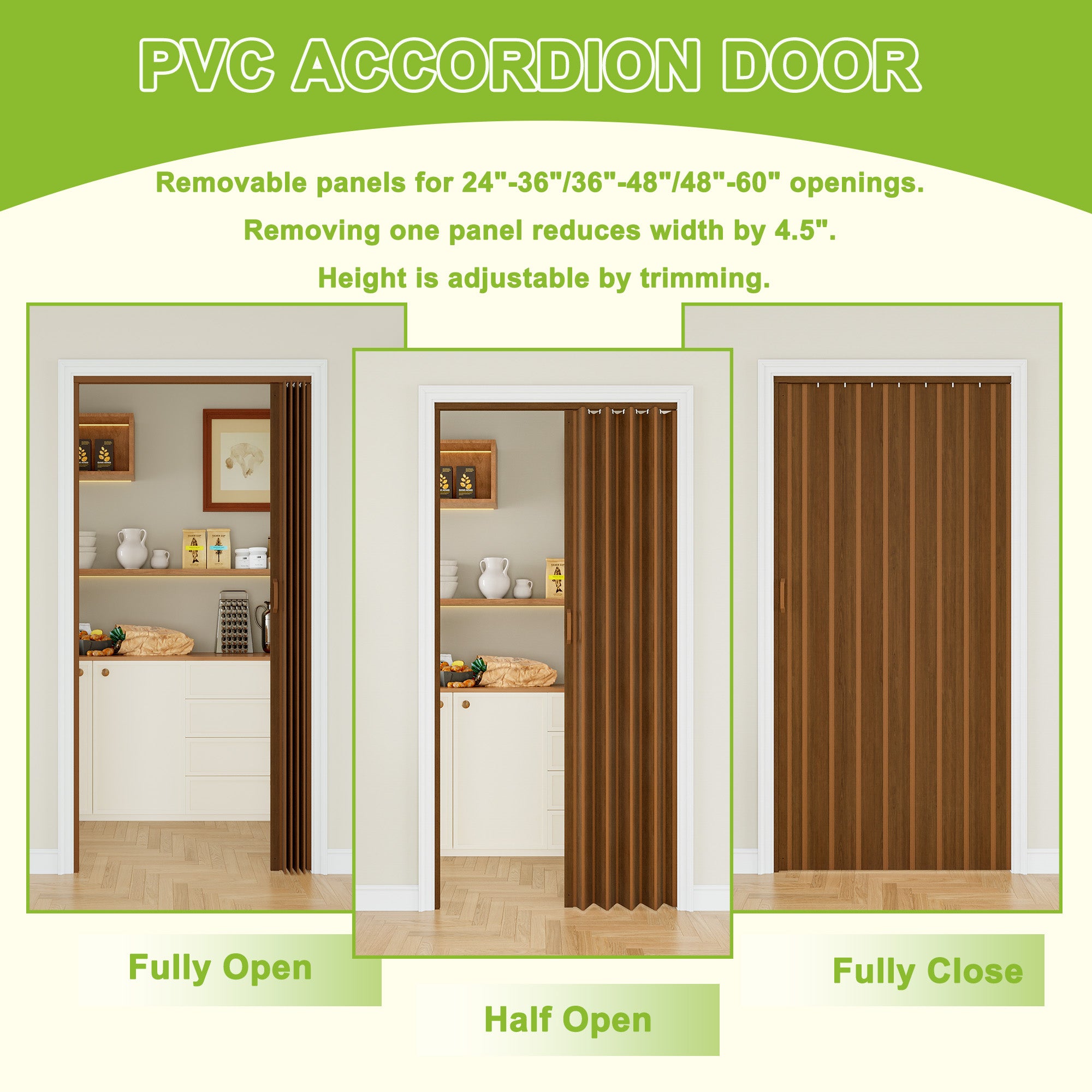 Ark Design Upgrade Single Layer Trimmable Walnut Vinyl Accordion Door with Handles and Magnetic Door Lock