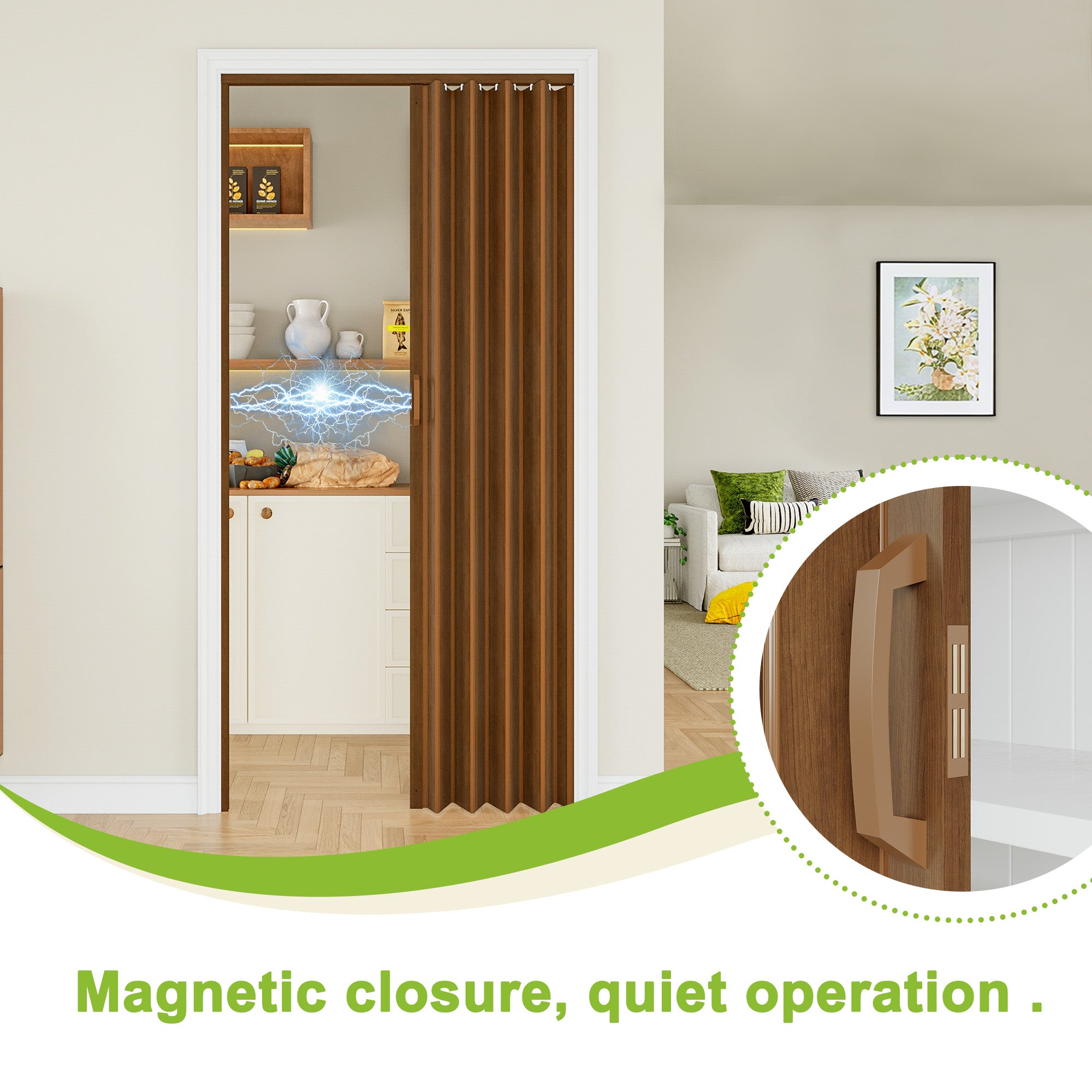 Ark Design Upgrade Single Layer Trimmable Walnut Vinyl Accordion Door with Handles and Magnetic Door Lock