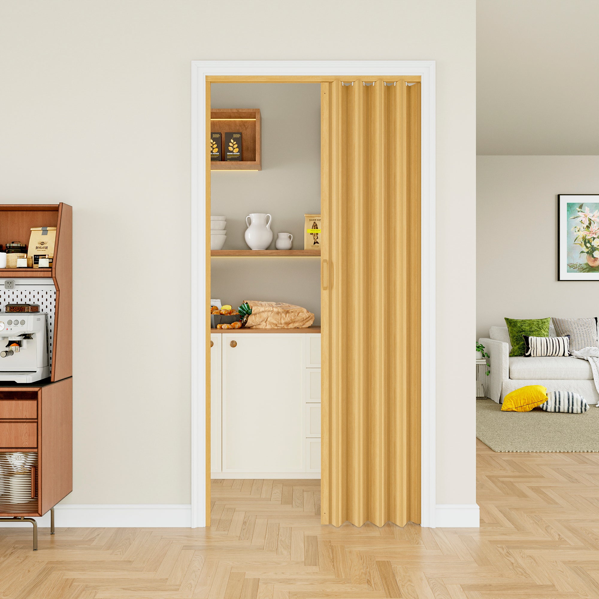 Ark Design Upgrade Single Layer Trimmable Oak Vinyl Accordion Door with Handles and Magnetic Door Lock