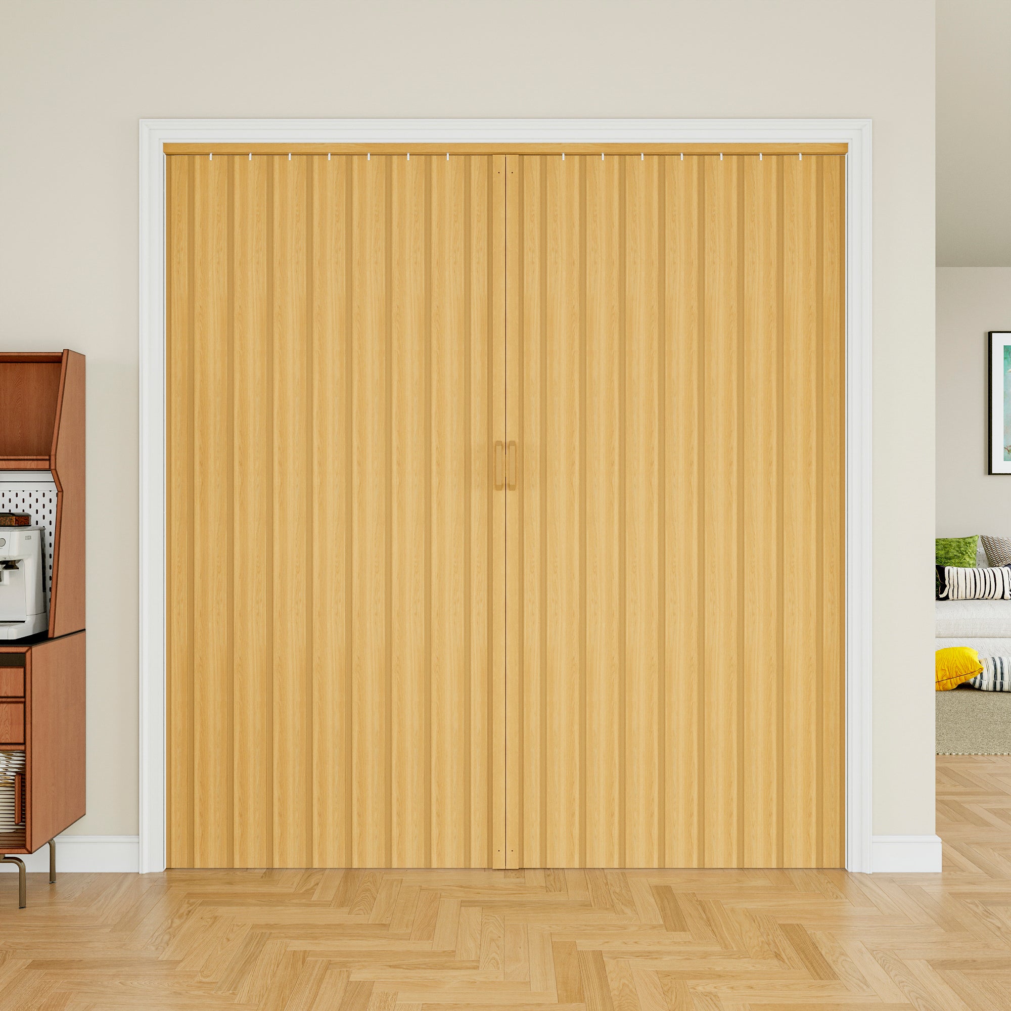 Ark Design Upgrade Single Layer Trimmable Oak Vinyl Accordion Door with Handles and Magnetic Door Lock