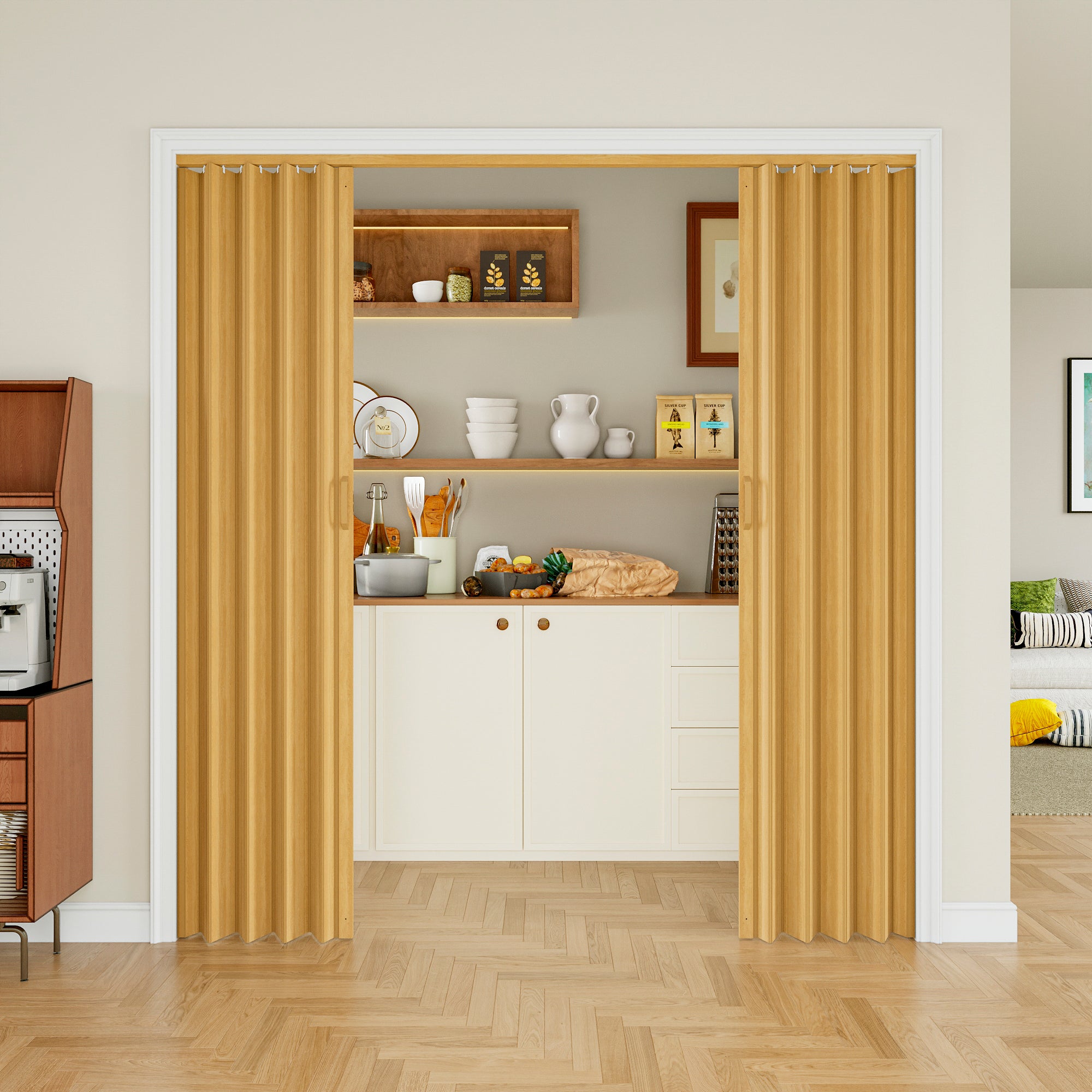 Ark Design Upgrade Single Layer Trimmable Oak Vinyl Accordion Door with Handles and Magnetic Door Lock