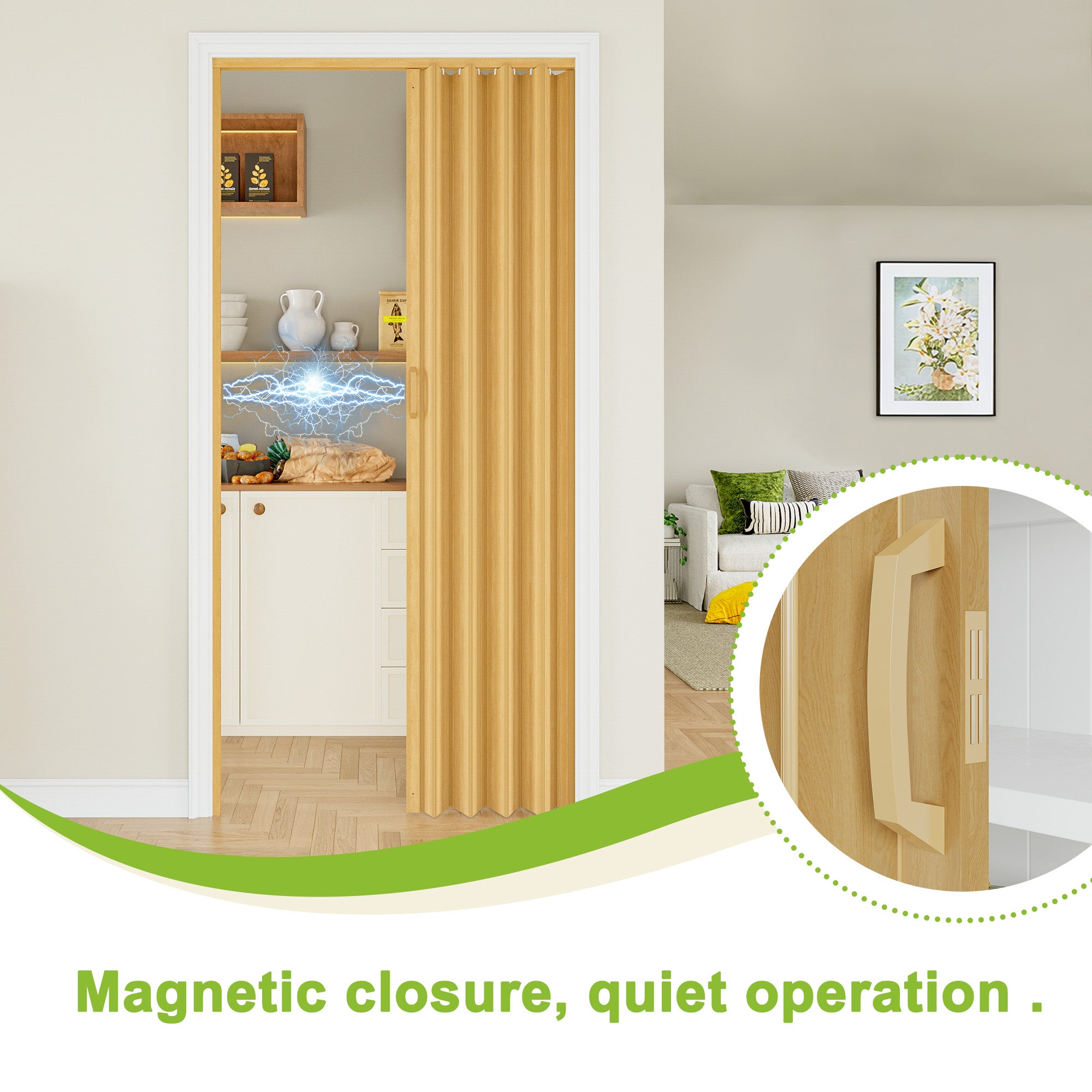 Ark Design Upgrade Single Layer Trimmable Oak Vinyl Accordion Door with Handles and Magnetic Door Lock