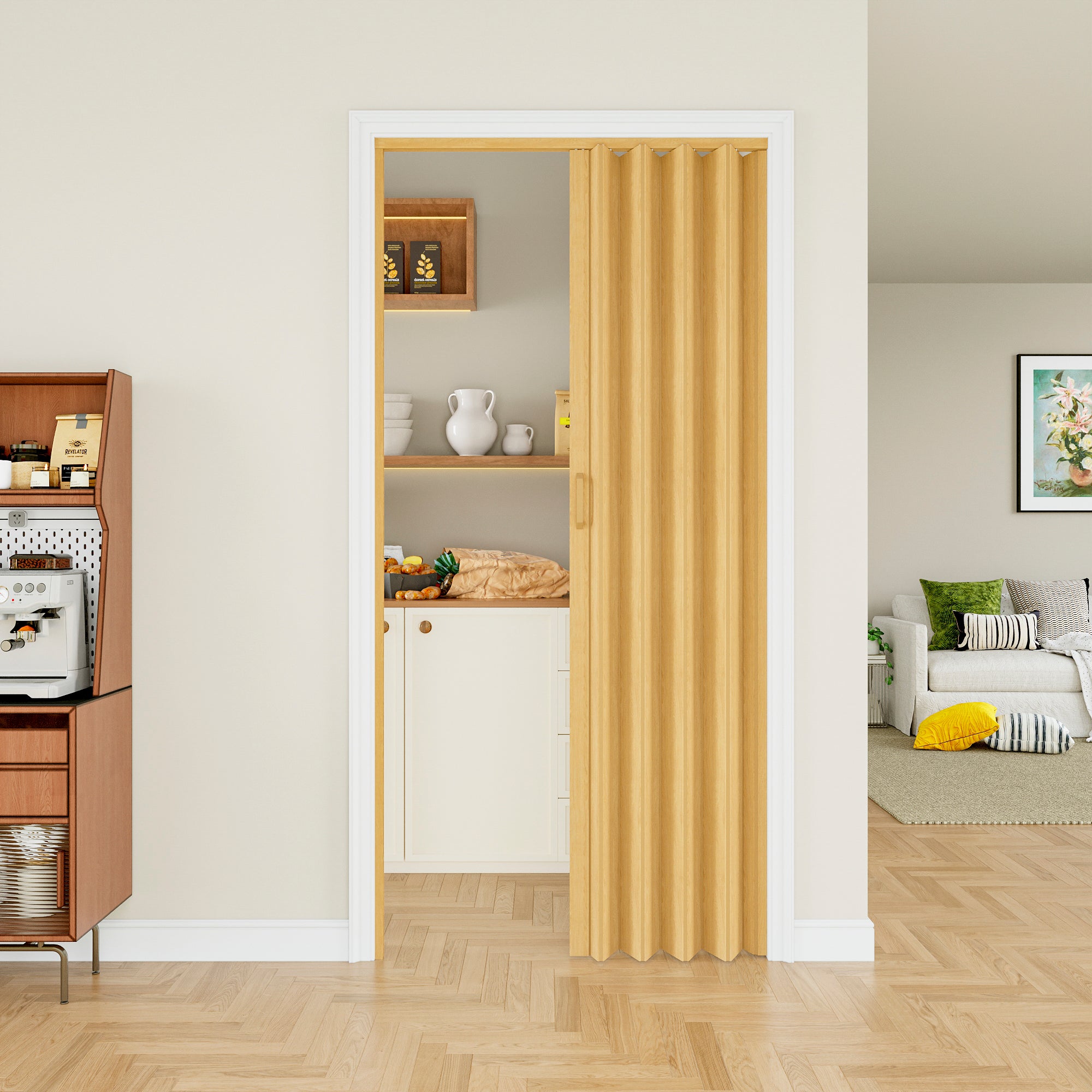 Dual Layer Accordion Door with Handles & Magnetic Lock, Oak Vinyl