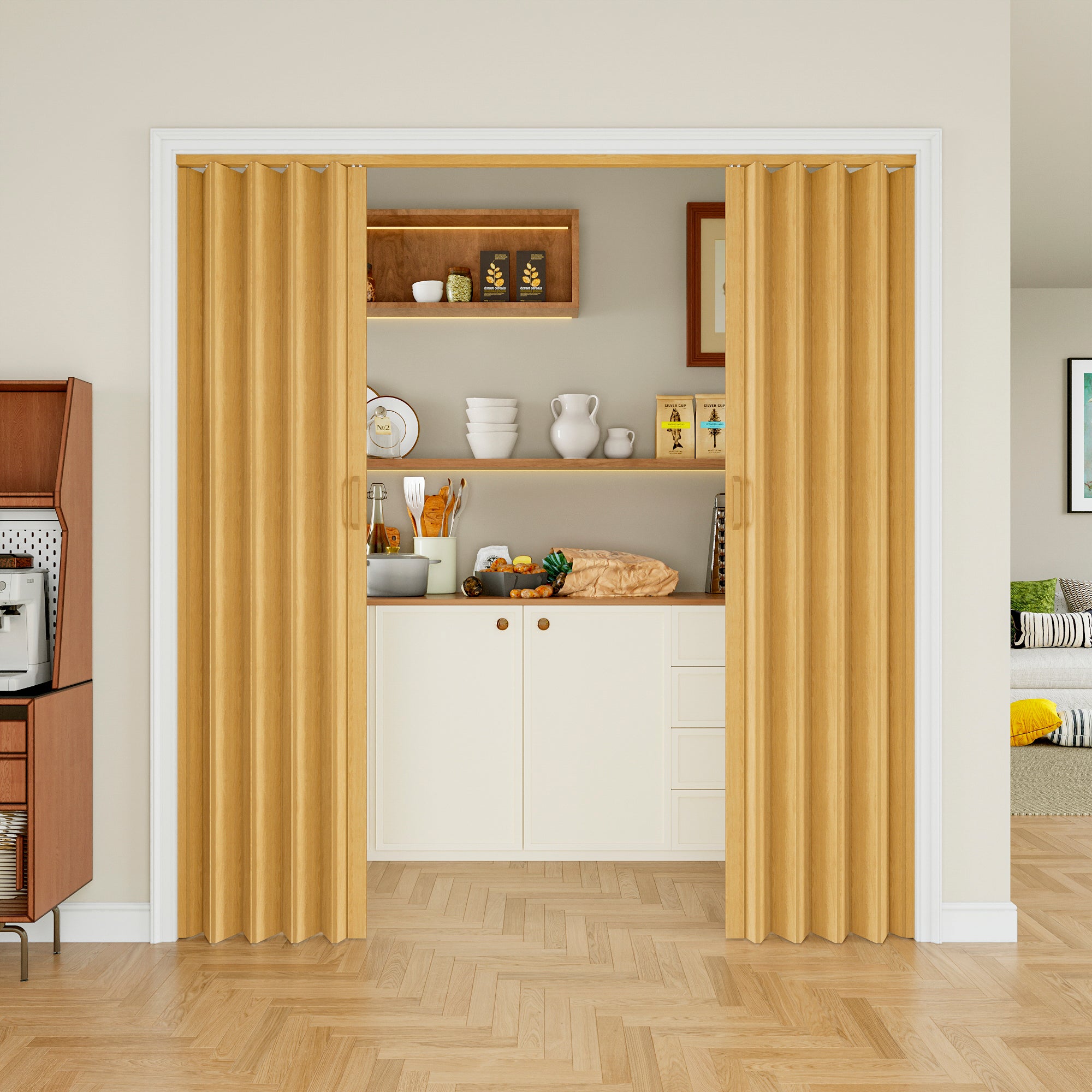 Ark Design Upgrade Dual Layer Trimmable Oak Vinyl Accordion Door with Handles and Magnetic Door Lock