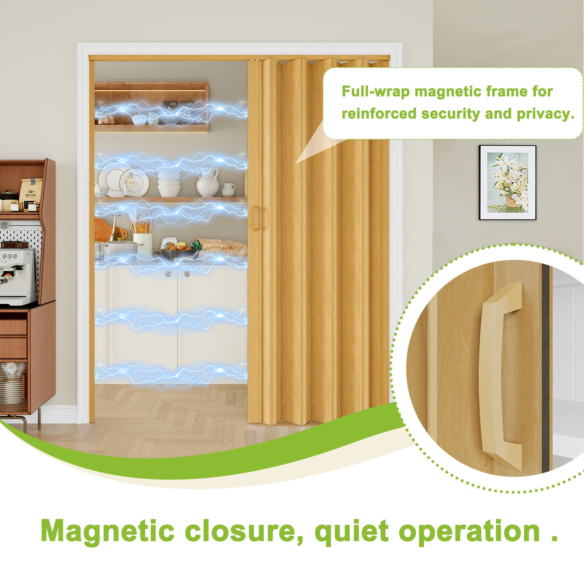 Dual Layer Accordion Door with Handles & Magnetic Lock, Oak Vinyl
