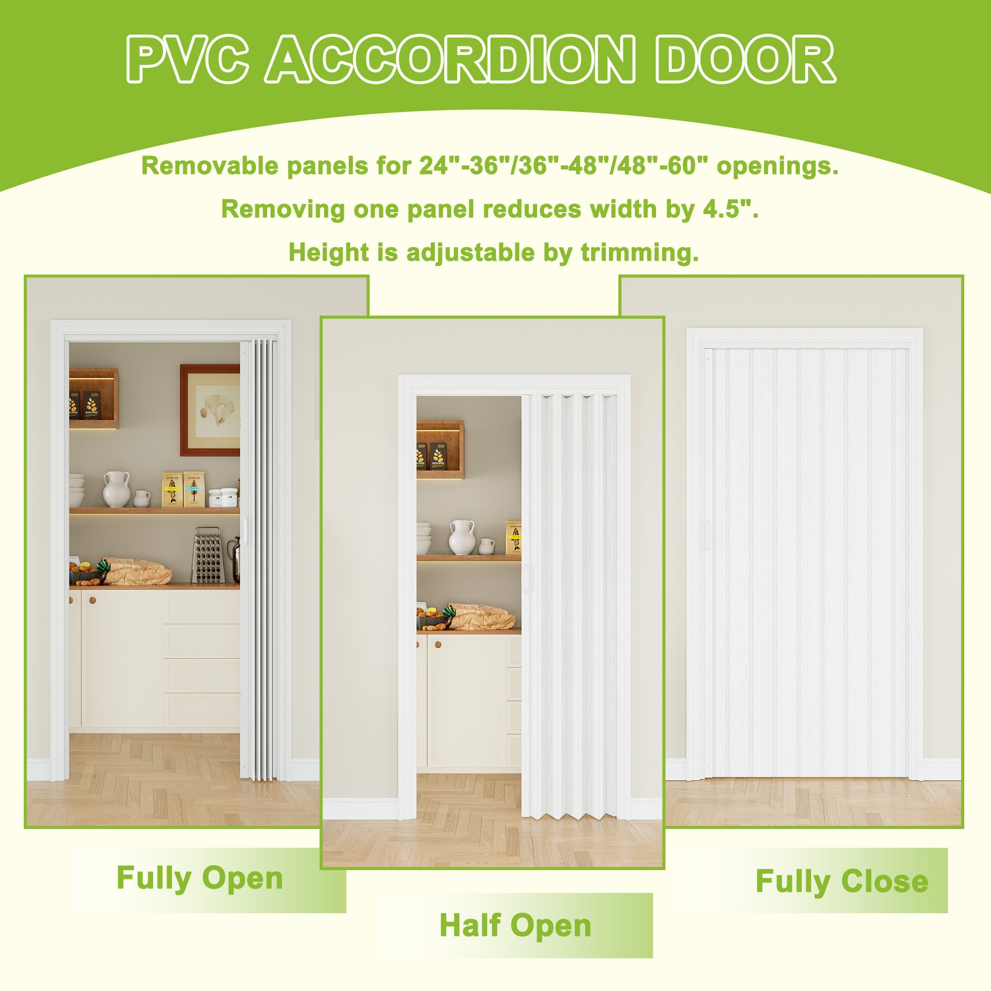 Ark Design Single Layer Trimmable White Vinyl Accordion Door with Handles and Magnetic Door Lock