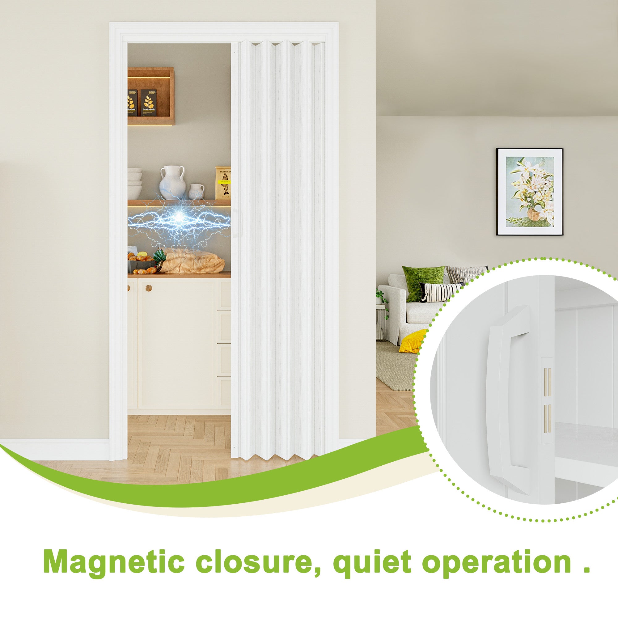 Ark Design Single Layer Trimmable White Vinyl Accordion Door with Handles and Magnetic Door Lock