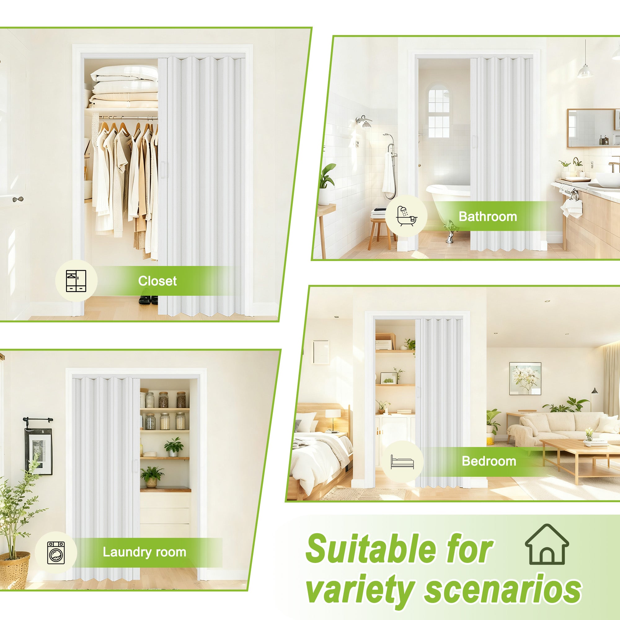 Ark Design Single Layer Trimmable White Vinyl Accordion Door with Handles and Magnetic Door Lock