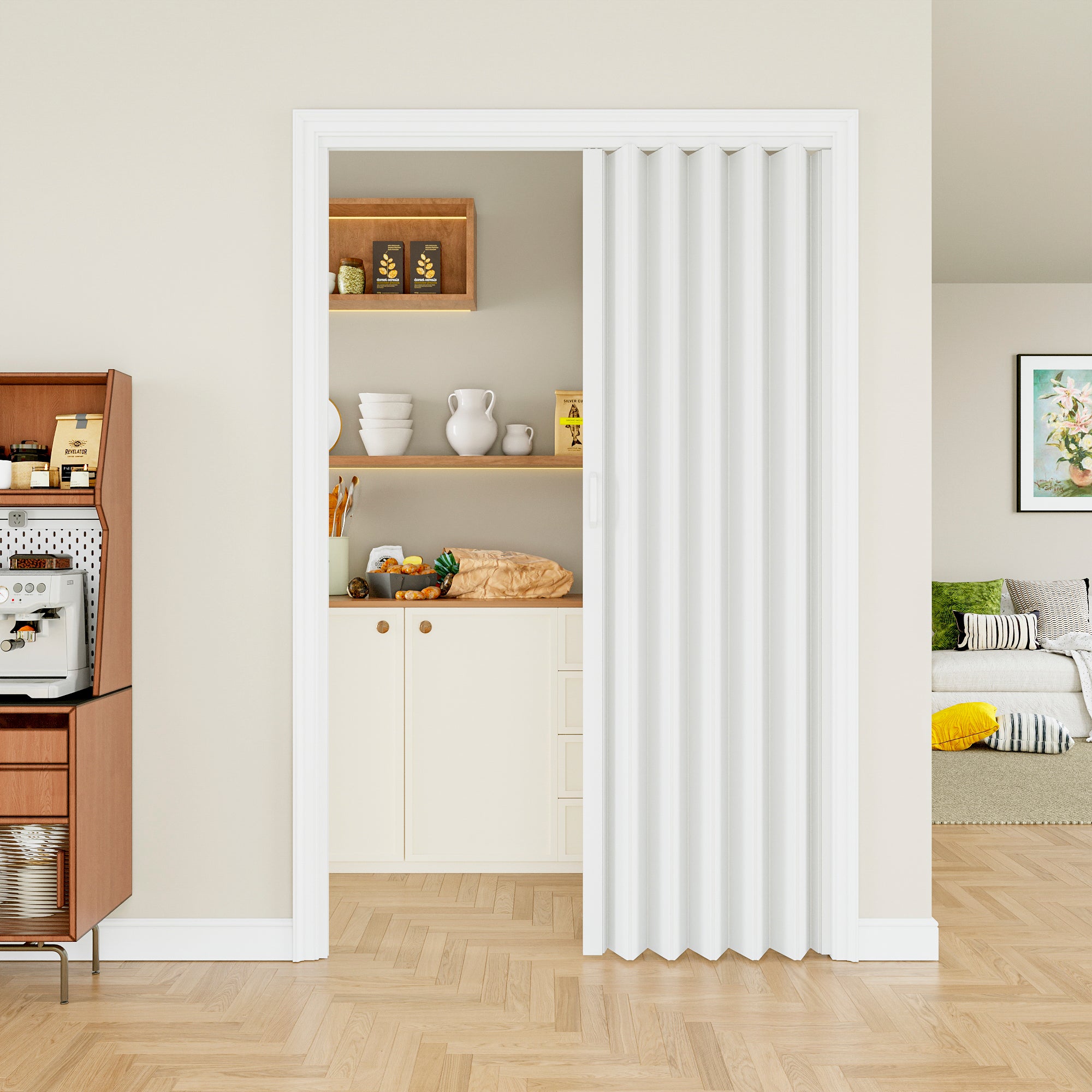 Dual Layer Accordion Door with Handles & Magnetic Lock, White Vinyl