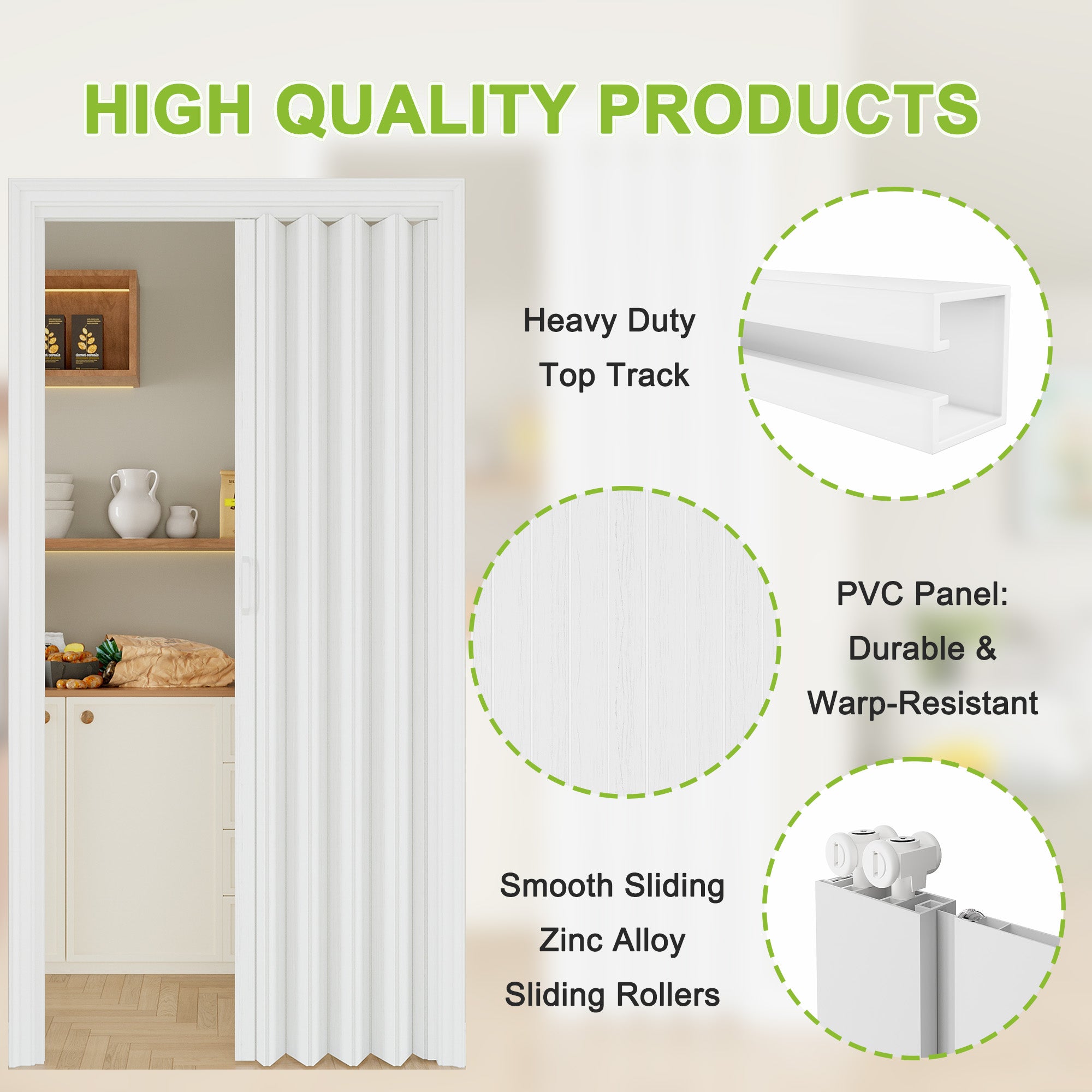 Dual Layer Accordion Door with Handles & Magnetic Lock, White Vinyl