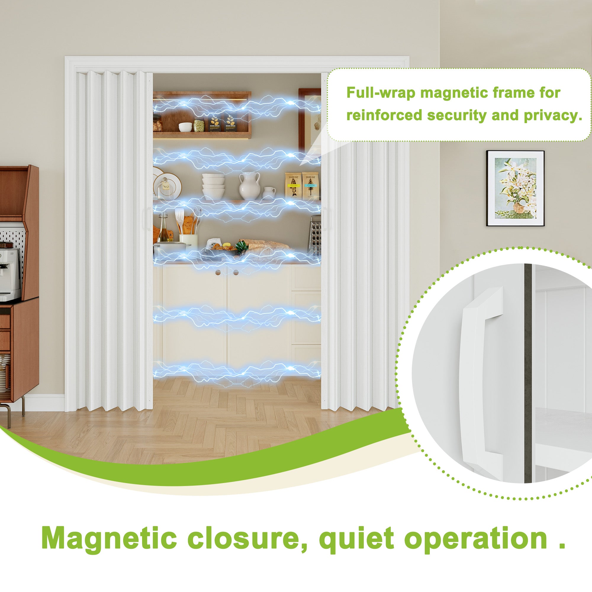 Dual Layer Accordion Door with Handles & Magnetic Lock, White Vinyl