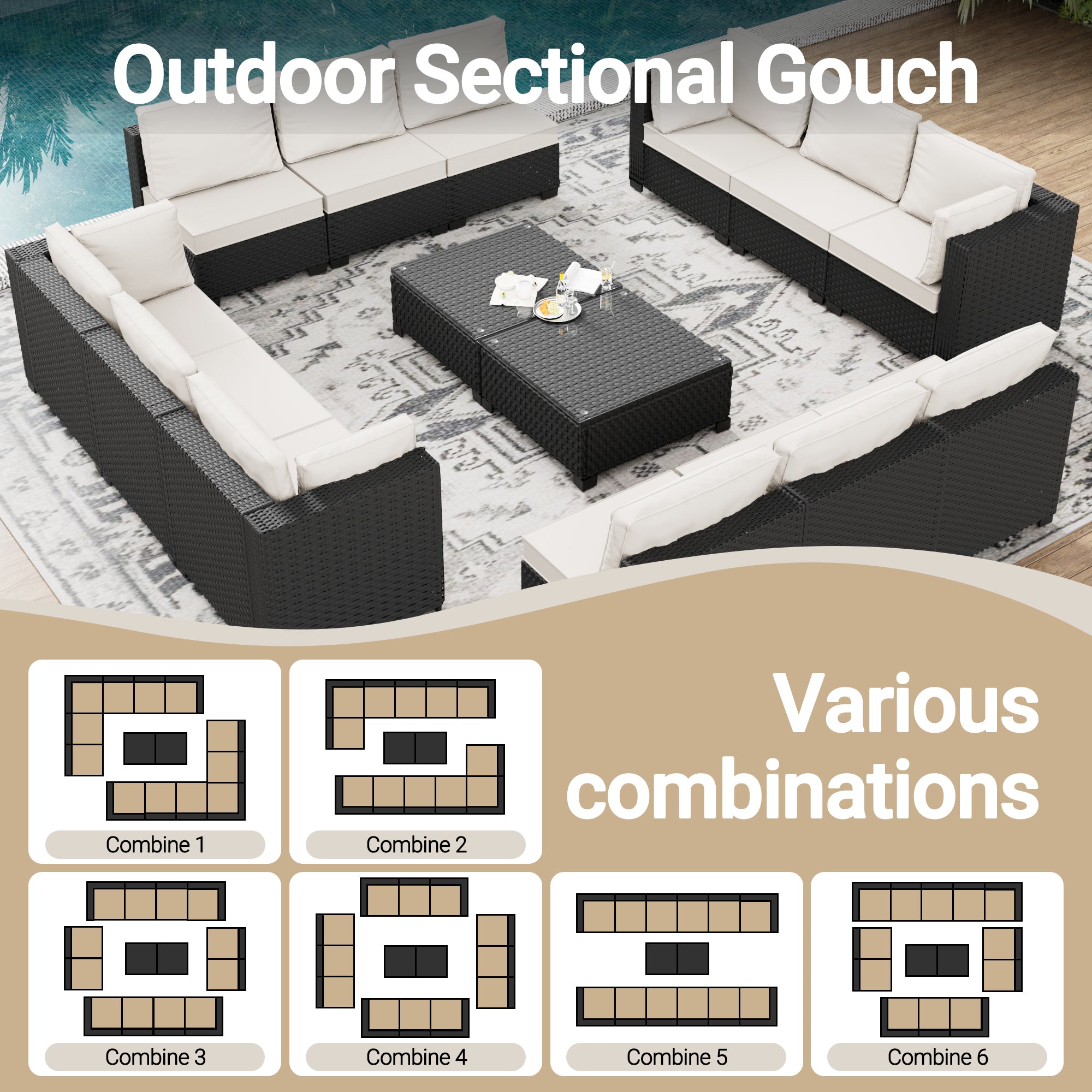 Ark Design 14-Piece Rattan Wicker Outdoor Patio Conversation SofaSeating Set with Coffee Table, Beige Cushions with Sofa Protection Cover Option
