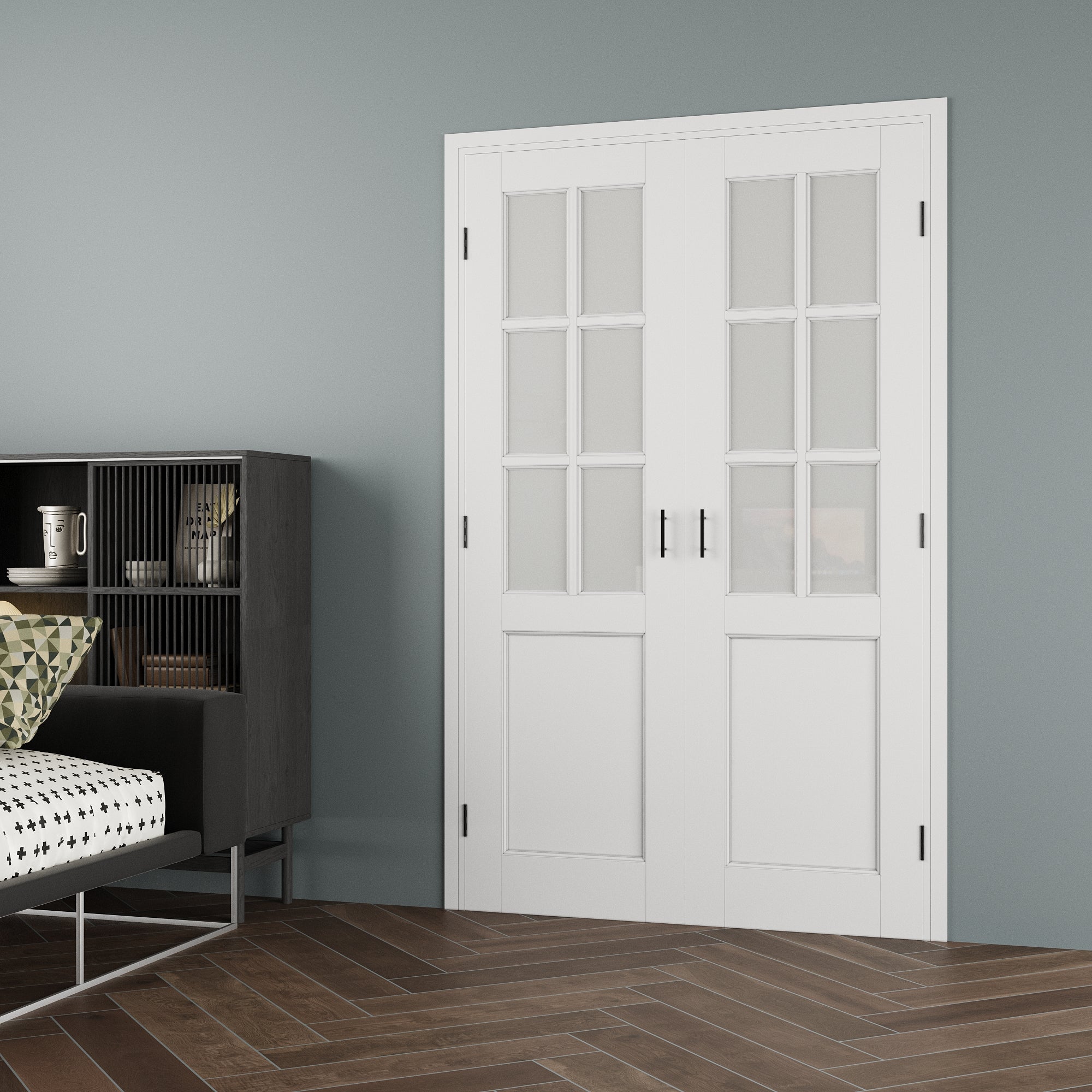 [Black Ball Catch Prehung French Door Collection] 6-Lite Frosted Glass White Solid Core Glass French Door Panels with Black Ball Catch Ready-to-Assemble Jamb