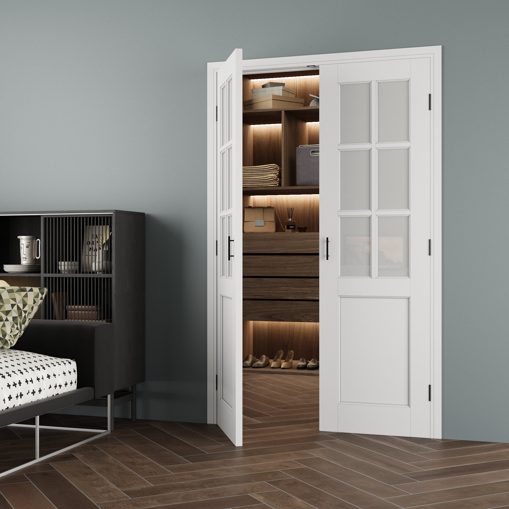 [Black Ball Catch Prehung French Door Collection] 6-Lite Frosted Glass White Solid Core Glass French Door Panels with Black Ball Catch Ready-to-Assemble Jamb