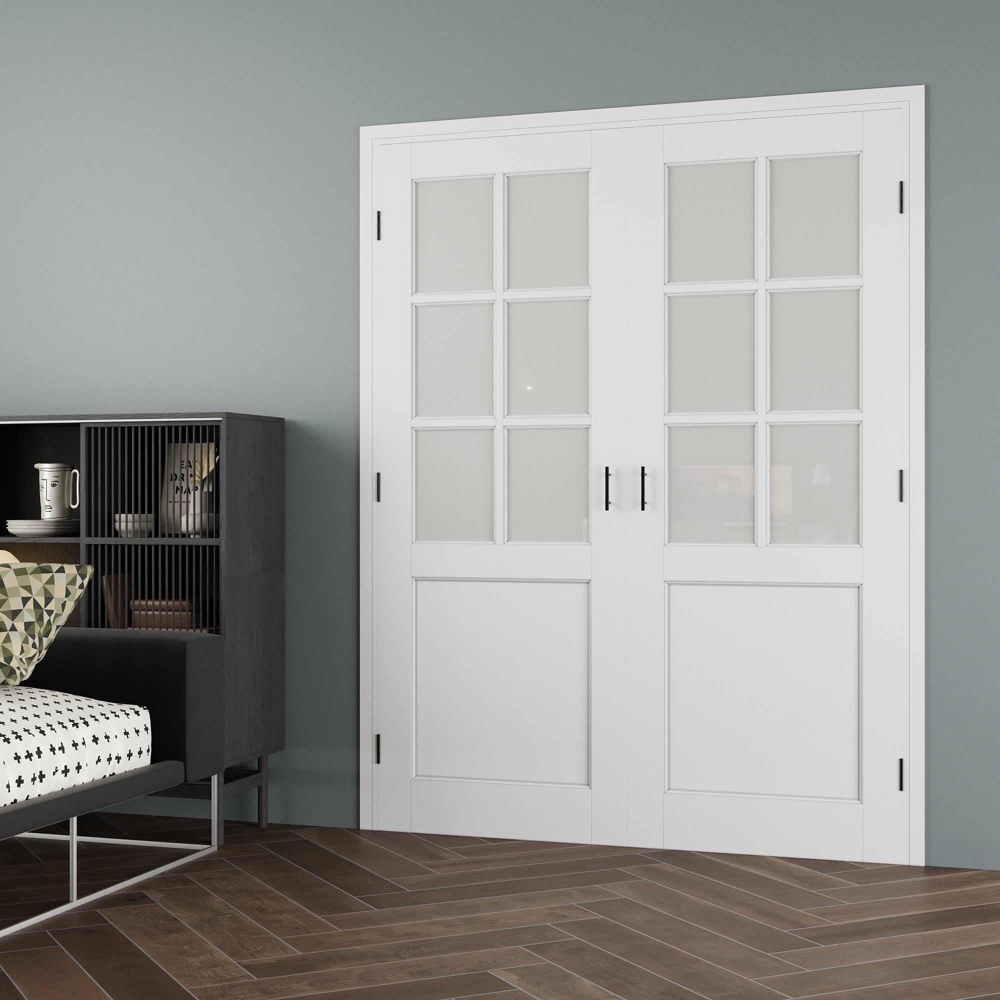 [Black Ball Catch Prehung French Door Collection] 6-Lite Frosted Glass White Solid Core Glass French Door Panels with Black Ball Catch Ready-to-Assemble Jamb
