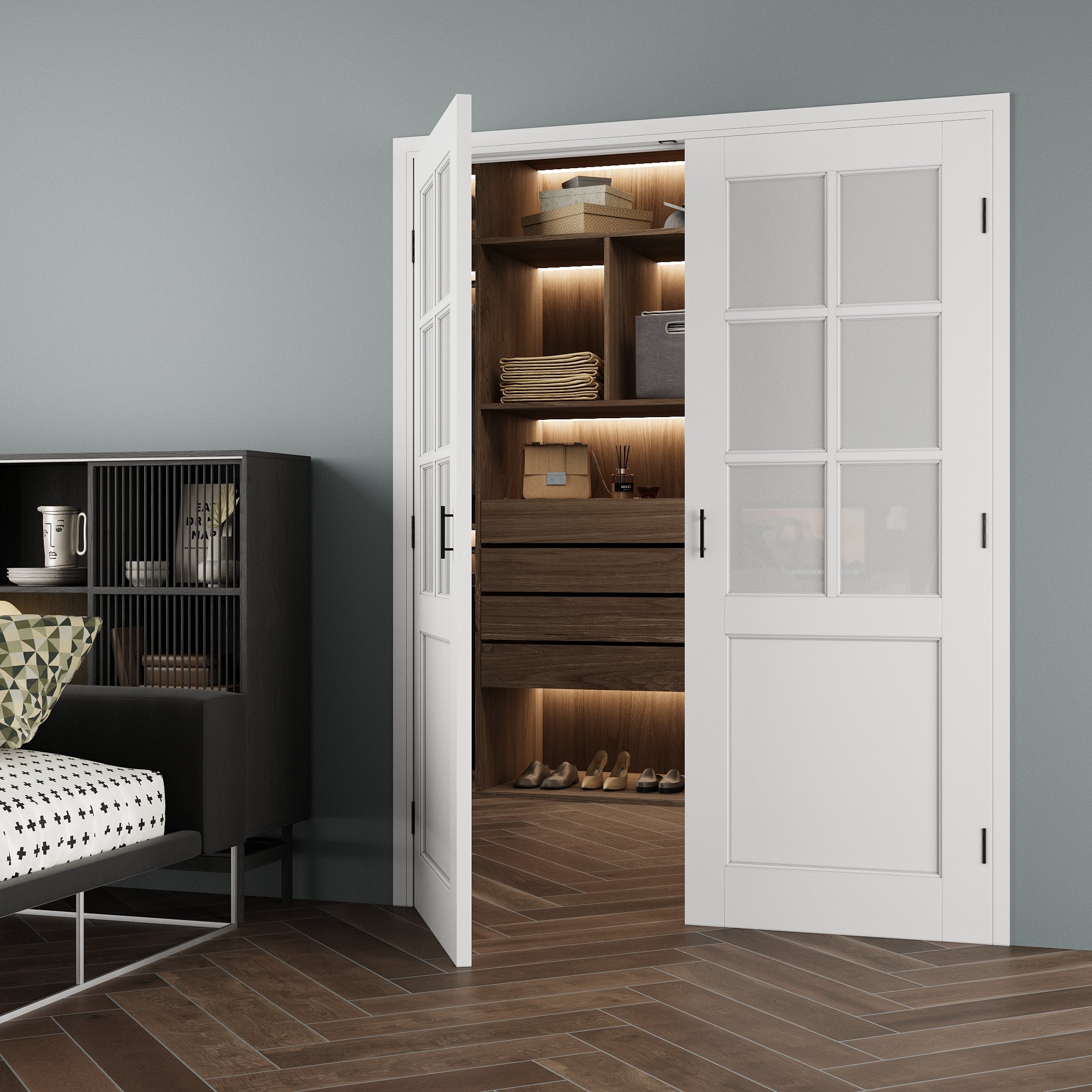 [Black Ball Catch Prehung French Door Collection] 6-Lite Frosted Glass White Solid Core Glass French Door Panels with Black Ball Catch Ready-to-Assemble Jamb