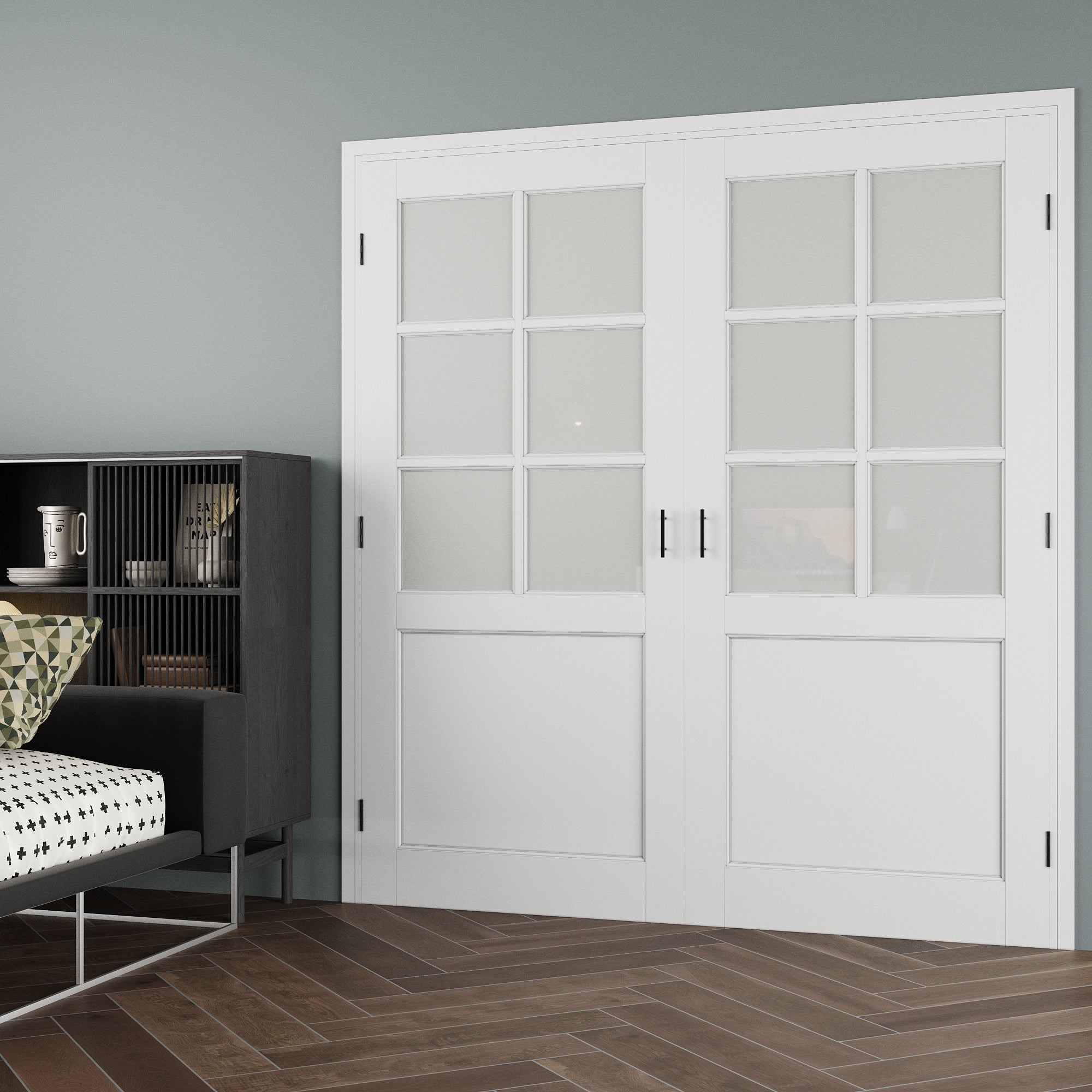[Black Ball Catch Prehung French Door Collection] 6-Lite Frosted Glass White Solid Core Glass French Door Panels with Black Ball Catch Ready-to-Assemble Jamb