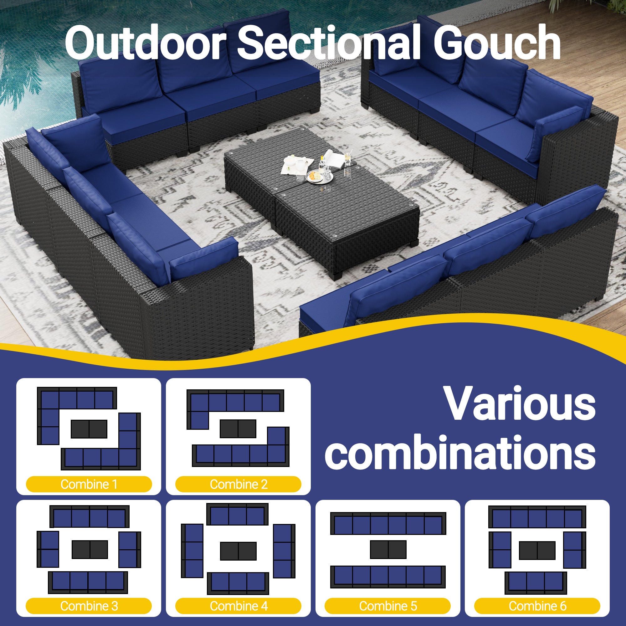 Ark Design 14-Piece Black Wicker Outdoor Patio Conversation Sectional Seating Set with Coffee Tables, Navy Blue Cushions with Sofa Protection Cover Option