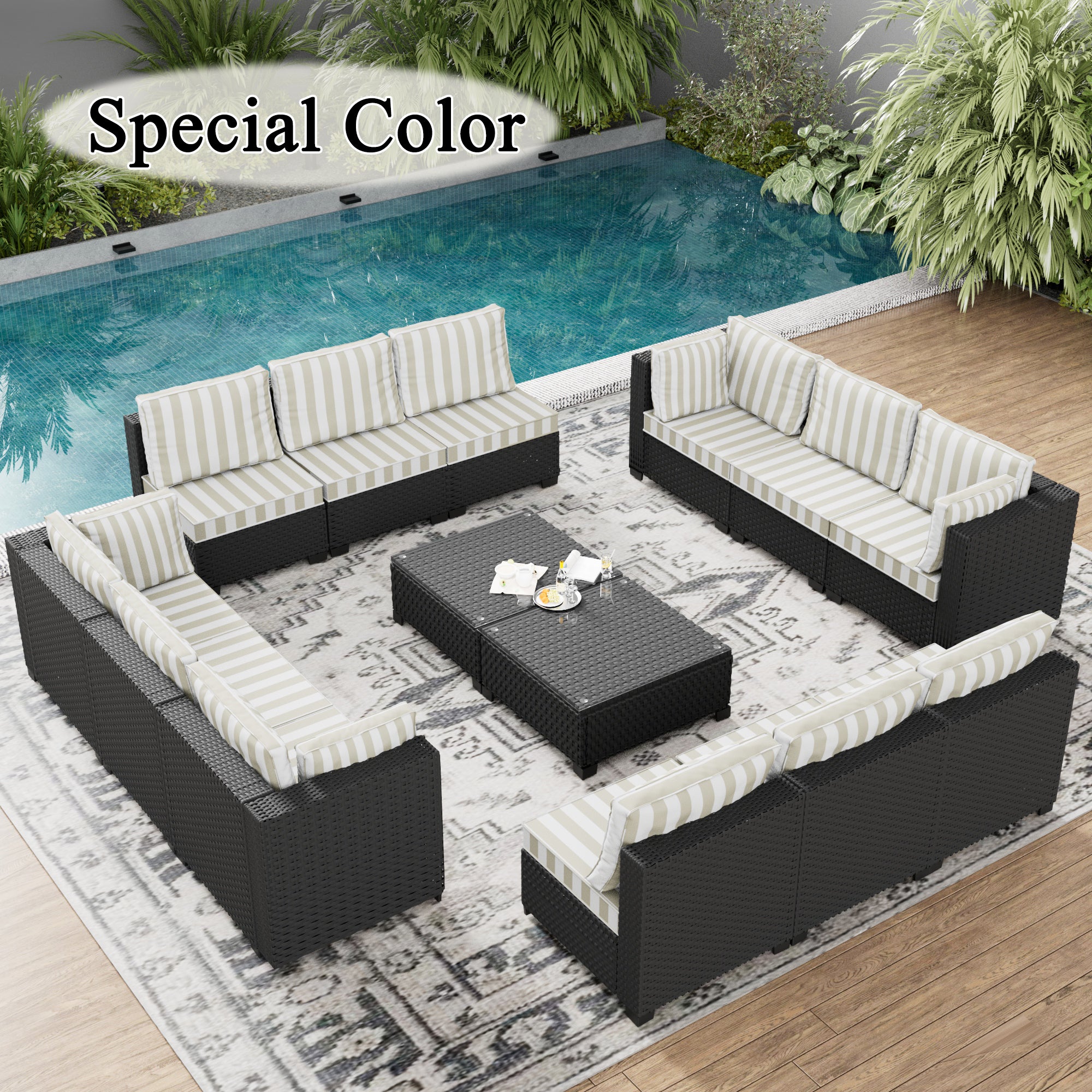 Ark Design 14-Piece Rattan Wicker Outdoor Patio Conversation SofaSeating Set with Coffee Table, Stripe Brown Cushions with Sofa Protection Cover Option