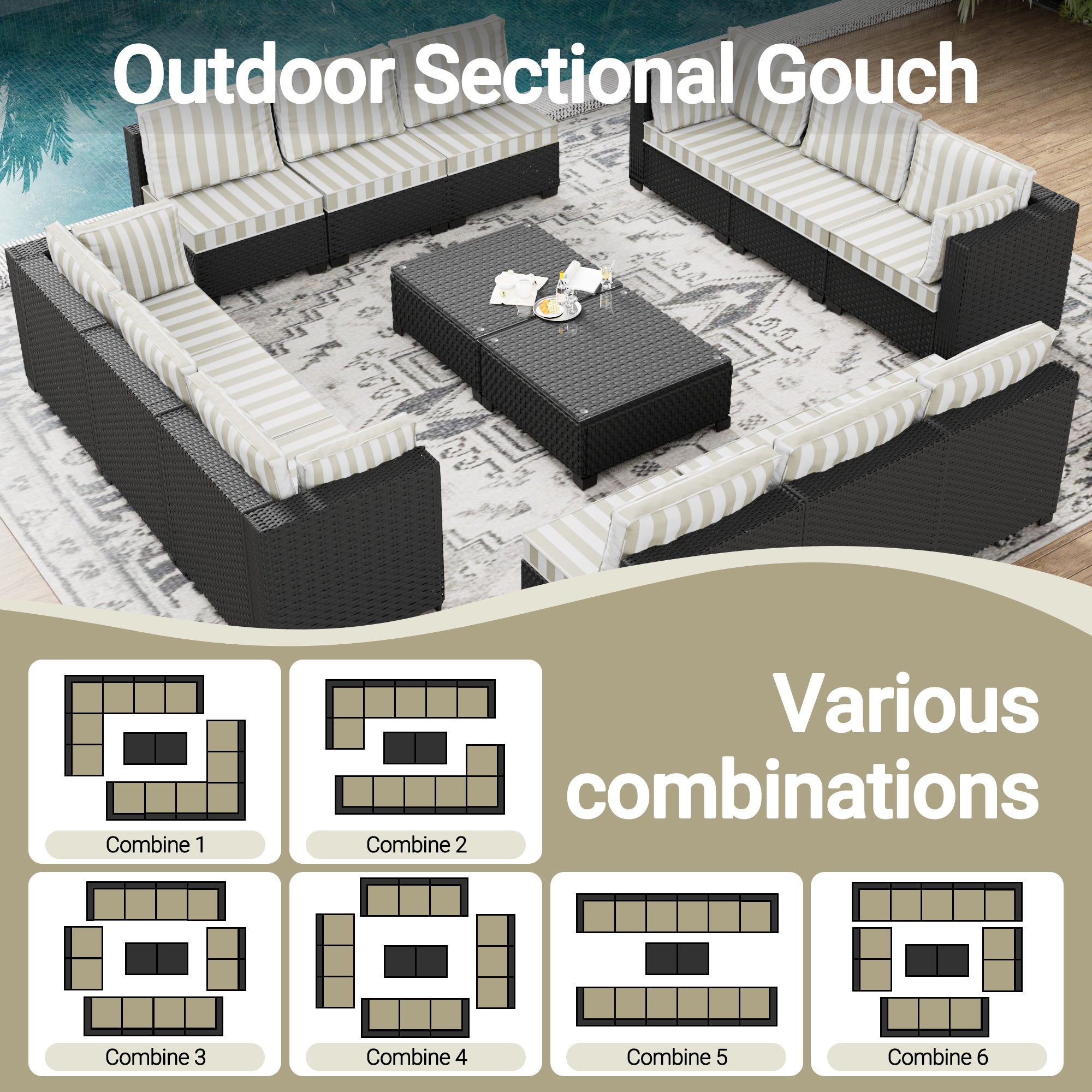 Ark Design 14-Piece Rattan Wicker Outdoor Patio Conversation SofaSeating Set with Coffee Table, Stripe Brown Cushions with Sofa Protection Cover Option