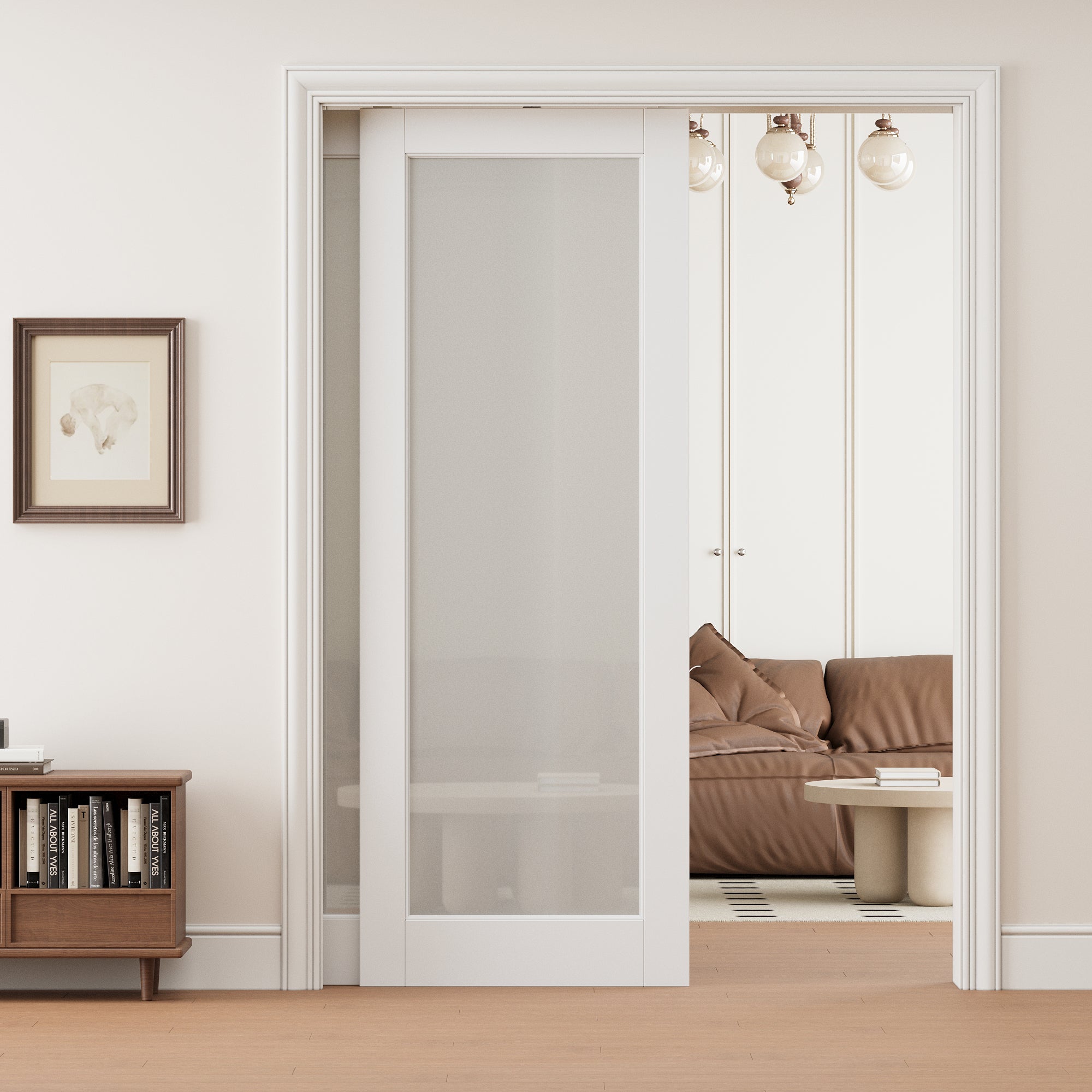 Ark Design 1 lite Frosted Glass Double Bypass Pocket Door with Hardware Kit & Soft Close & Frame, Solid Core MDF Wood & Paint-grade Finished, White