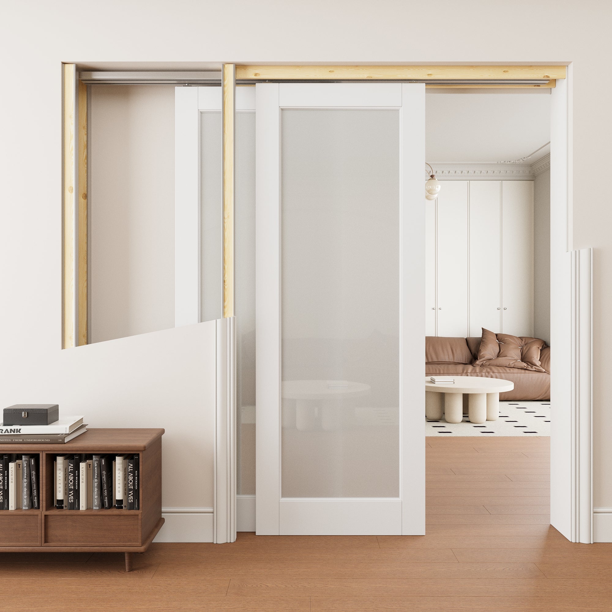 Ark Design 1 lite Frosted Glass Double Bypass Pocket Door with Hardware Kit & Soft Close & Frame, Solid Core MDF Wood & Paint-grade Finished, White