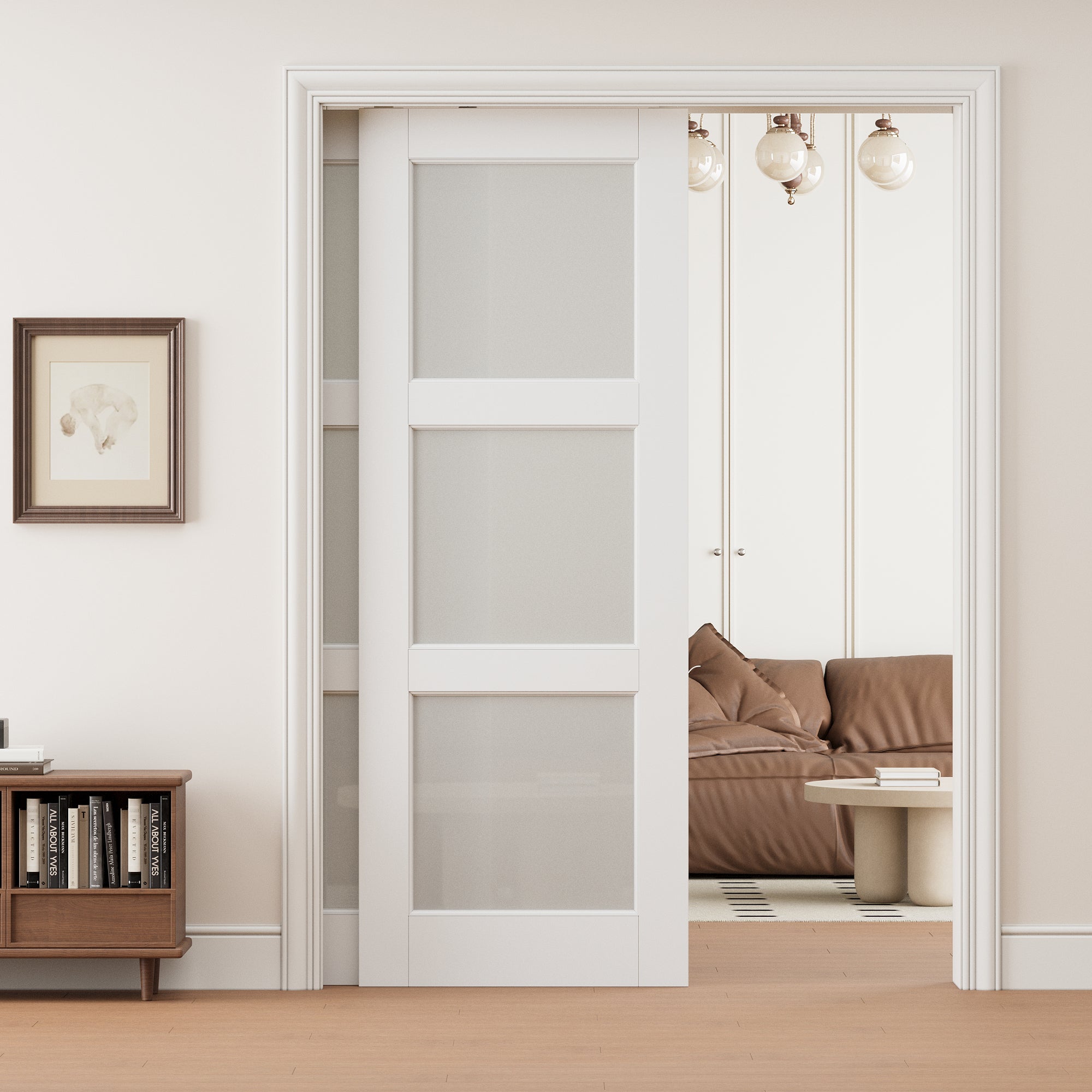 Ark Design 3 Lite Frosted Glass Double Bypass Pocket Door with Hardware Kit & Soft Close & Frame, Solid Core MDF Wood & Paint-grade Finished, White