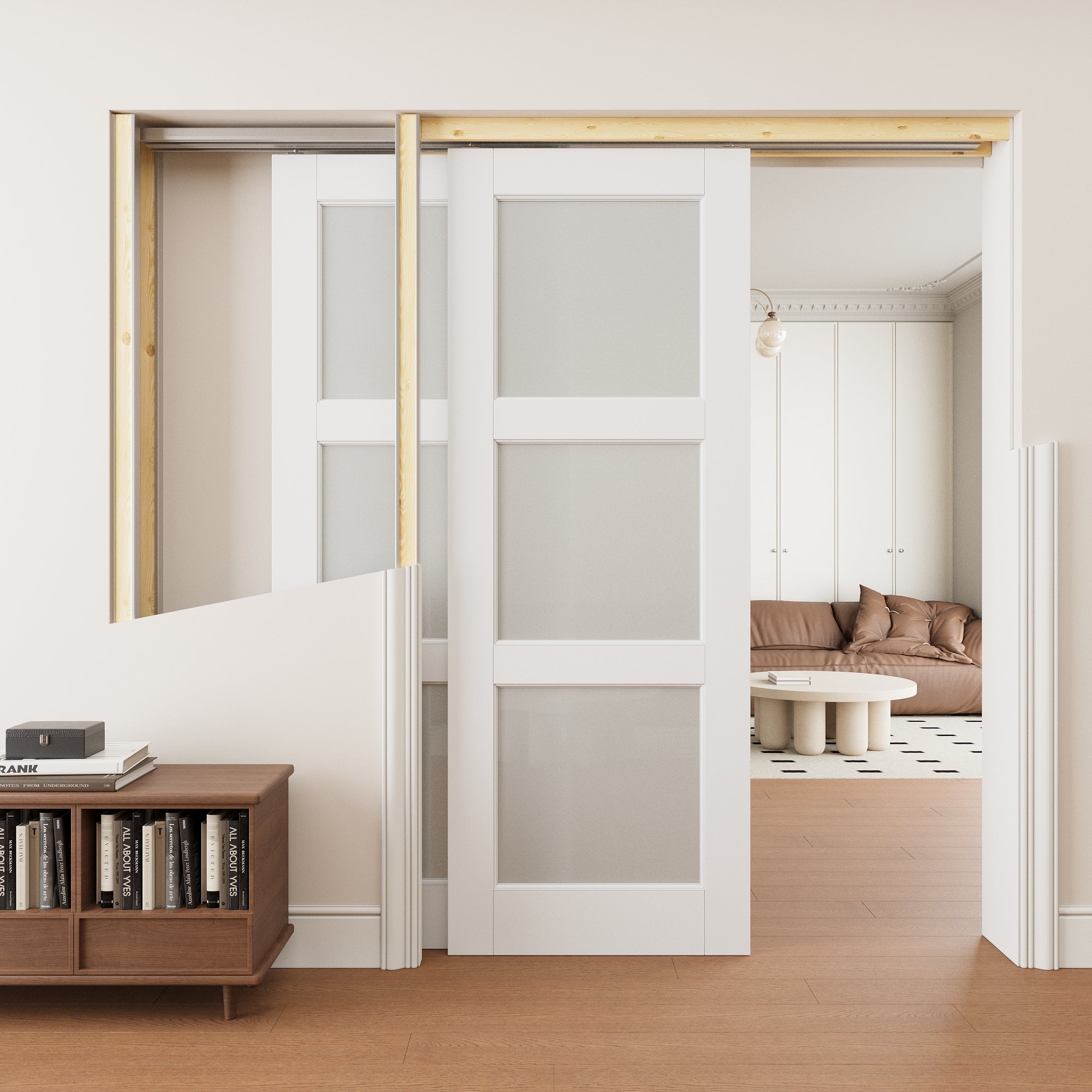Ark Design 3 Lite Frosted Glass Double Bypass Pocket Door with Hardware Kit & Soft Close & Frame, Solid Core MDF Wood & Paint-grade Finished, White