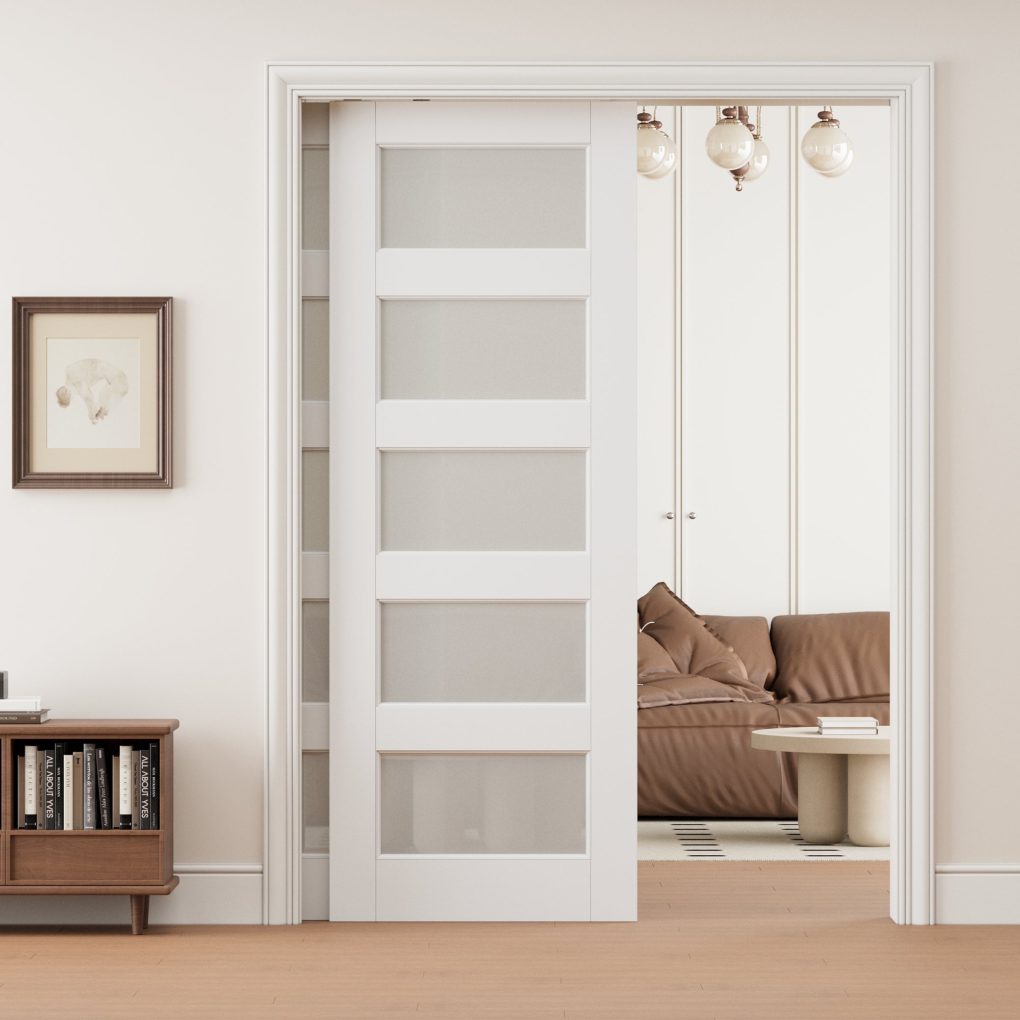 Ark Design 5 Lite Frosted Glass Double Bypass Pocket Door with Hardware Kit & Soft Close & Frame, Solid Core MDF Wood & Paint-grade Finished, White
