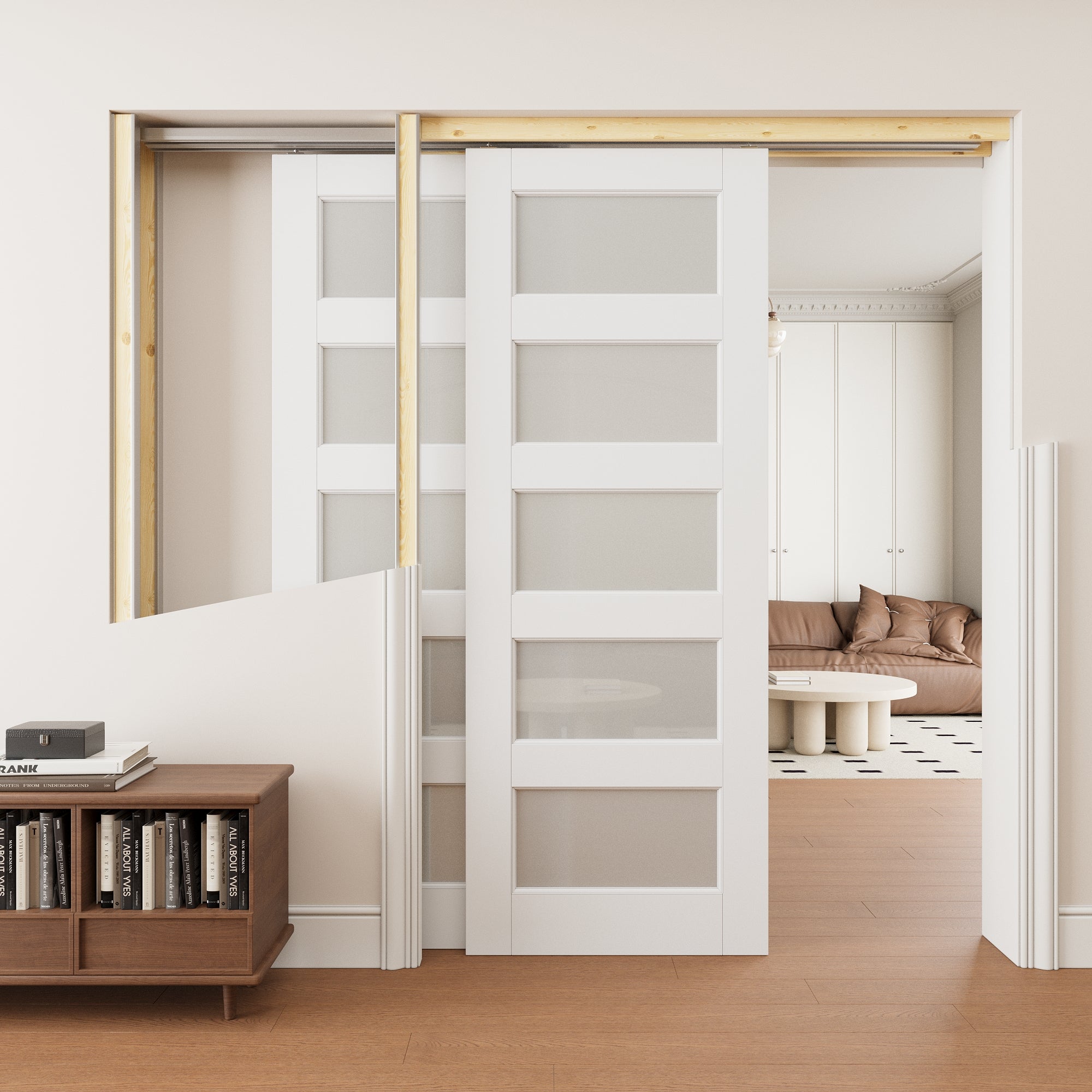 Ark Design 5 Lite Frosted Glass Double Bypass Pocket Door with Hardware Kit & Soft Close & Frame, Solid Core MDF Wood & Paint-grade Finished, White
