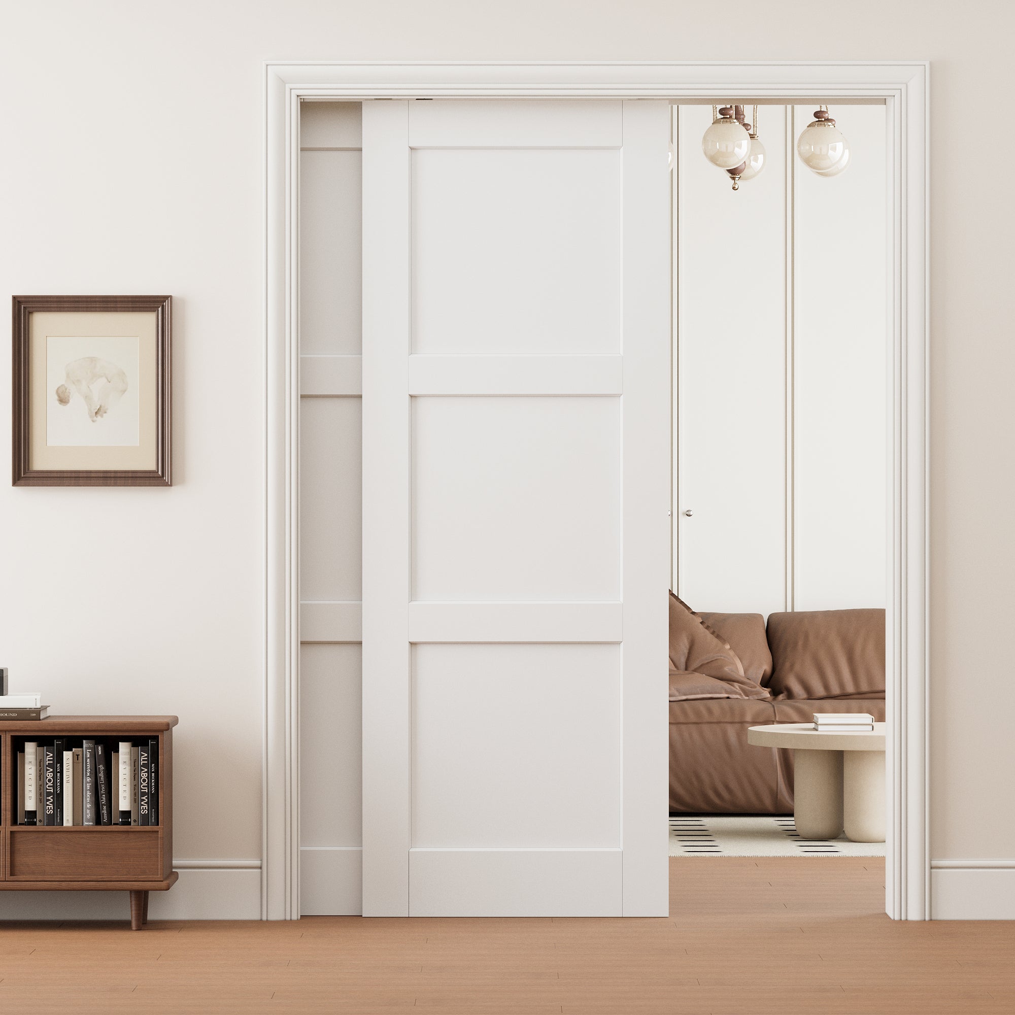 Ark Design 3 Panel Double Bypass Pocket Door with Hardware Kit & Soft Close & Frame, Solid Core MDF Wood & Paint-grade Finished, White