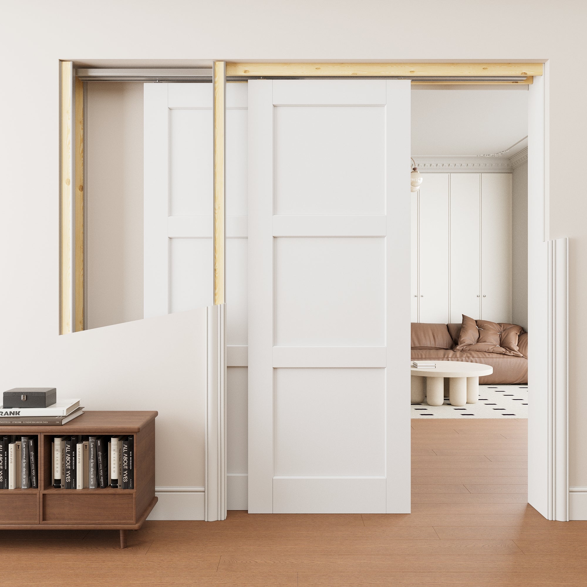 Ark Design 3 Panel Double Bypass Pocket Door with Hardware Kit & Soft Close & Frame, Solid Core MDF Wood & Paint-grade Finished, White
