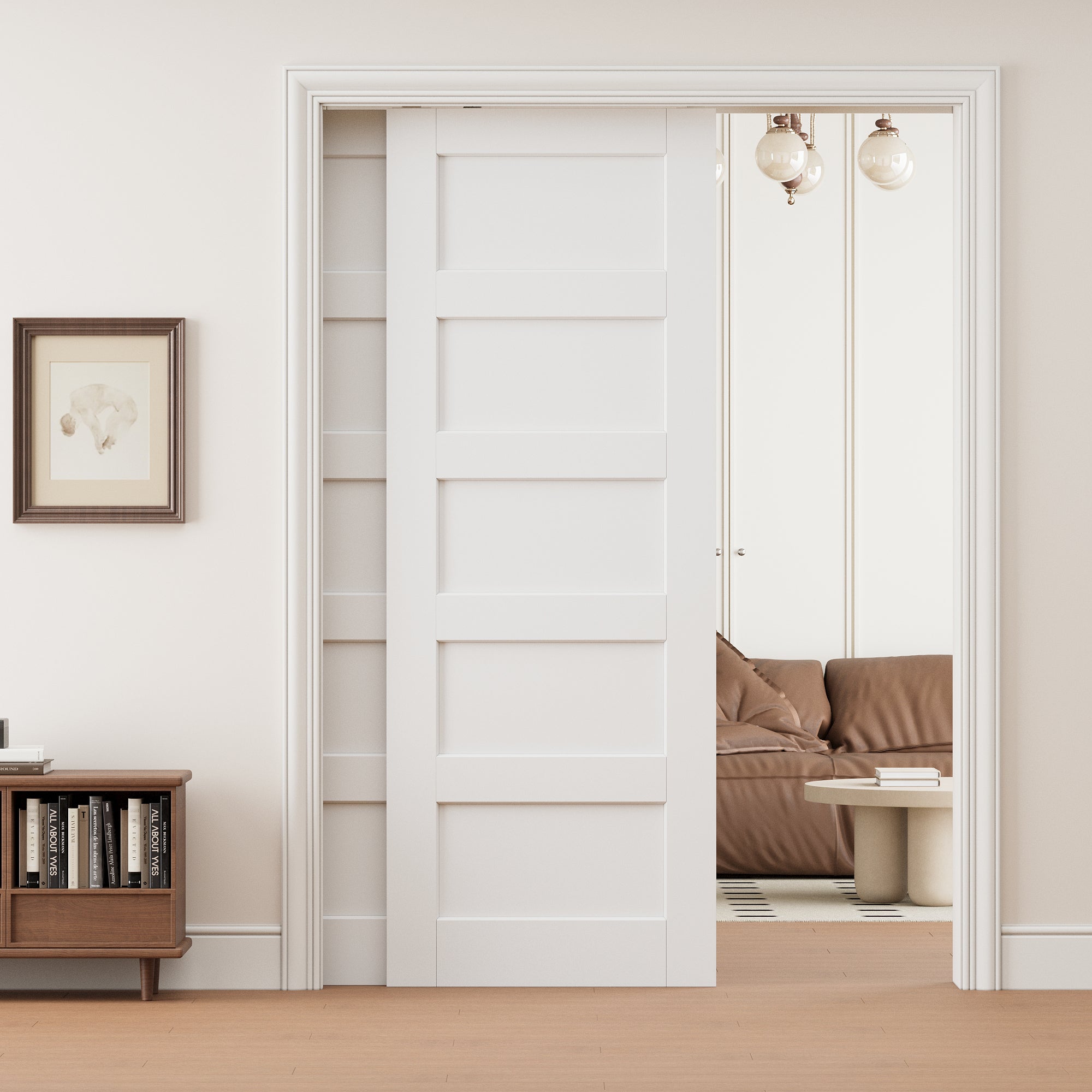 Ark Design 5 Panel Double Bypass Pocket Door with Hardware Kit & Soft Close & Frame, Solid Core MDF Wood & Paint-grade Finished, White