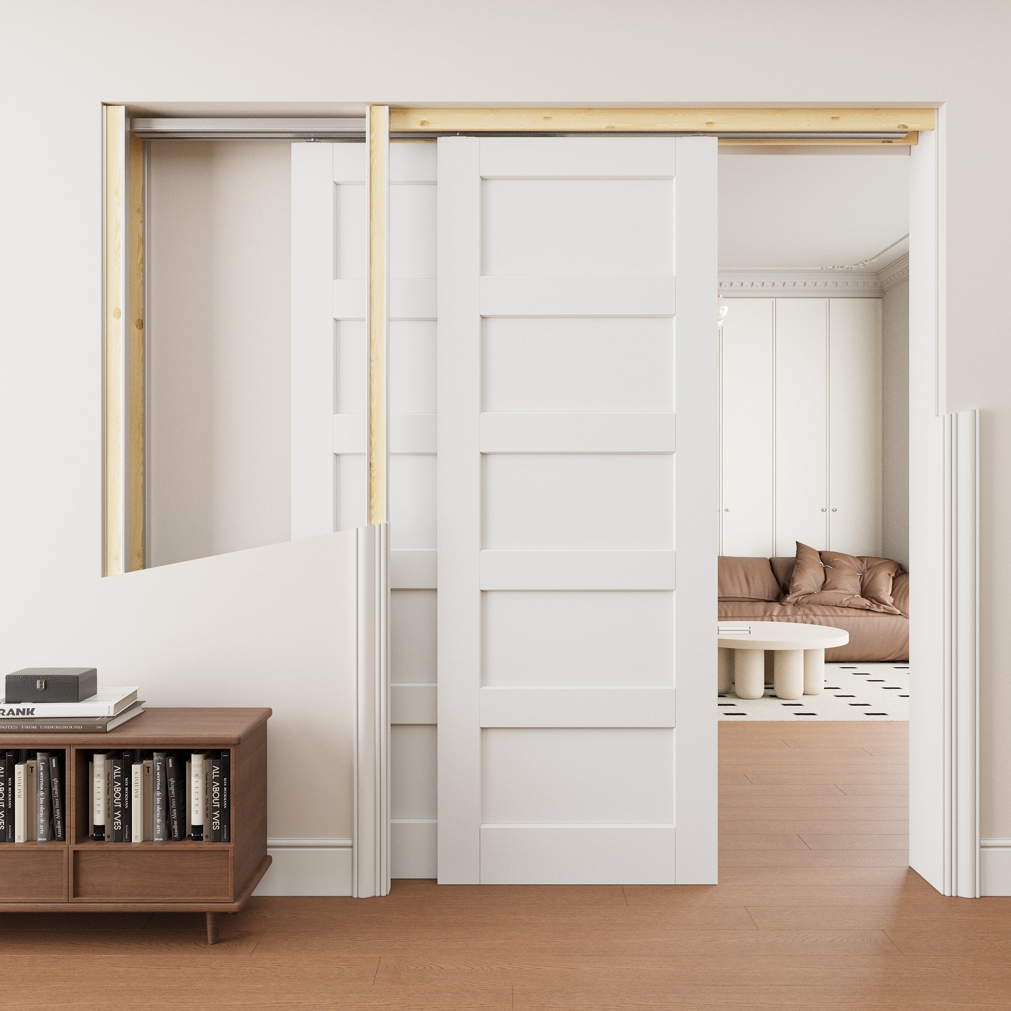 Ark Design 5 Panel Double Bypass Pocket Door with Hardware Kit & Soft Close & Frame, Solid Core MDF Wood & Paint-grade Finished, White