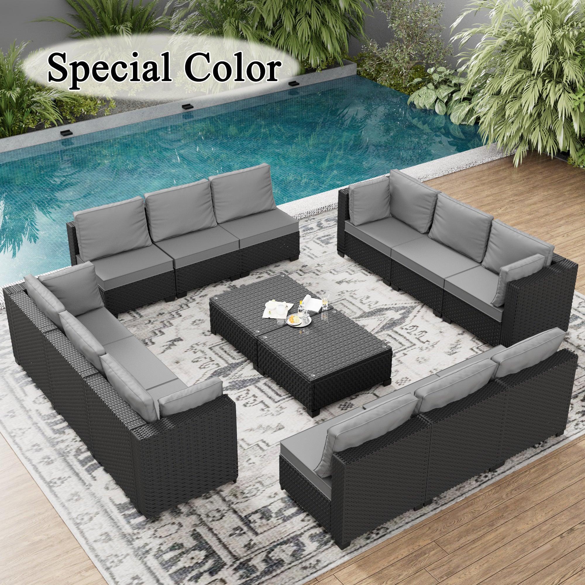 Ark Design 14-Piece Rattan Wicker Outdoor Patio Conversation SofaSeating Set with Coffee Table, Gray Cushions with Sofa Protection Cover Option