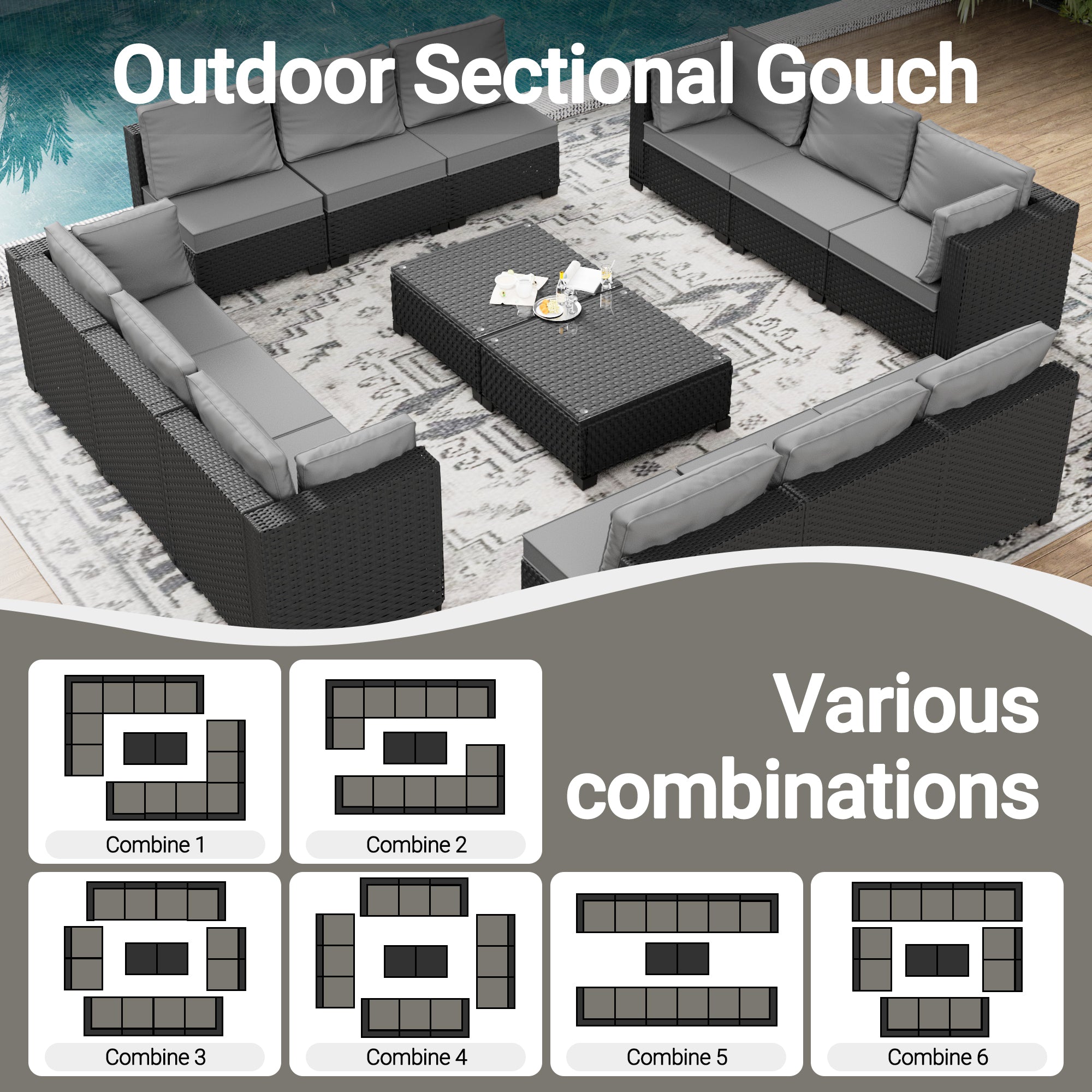 Ark Design 14-Piece Rattan Wicker Outdoor Patio Conversation SofaSeating Set with Coffee Table, Gray Cushions with Sofa Protection Cover Option