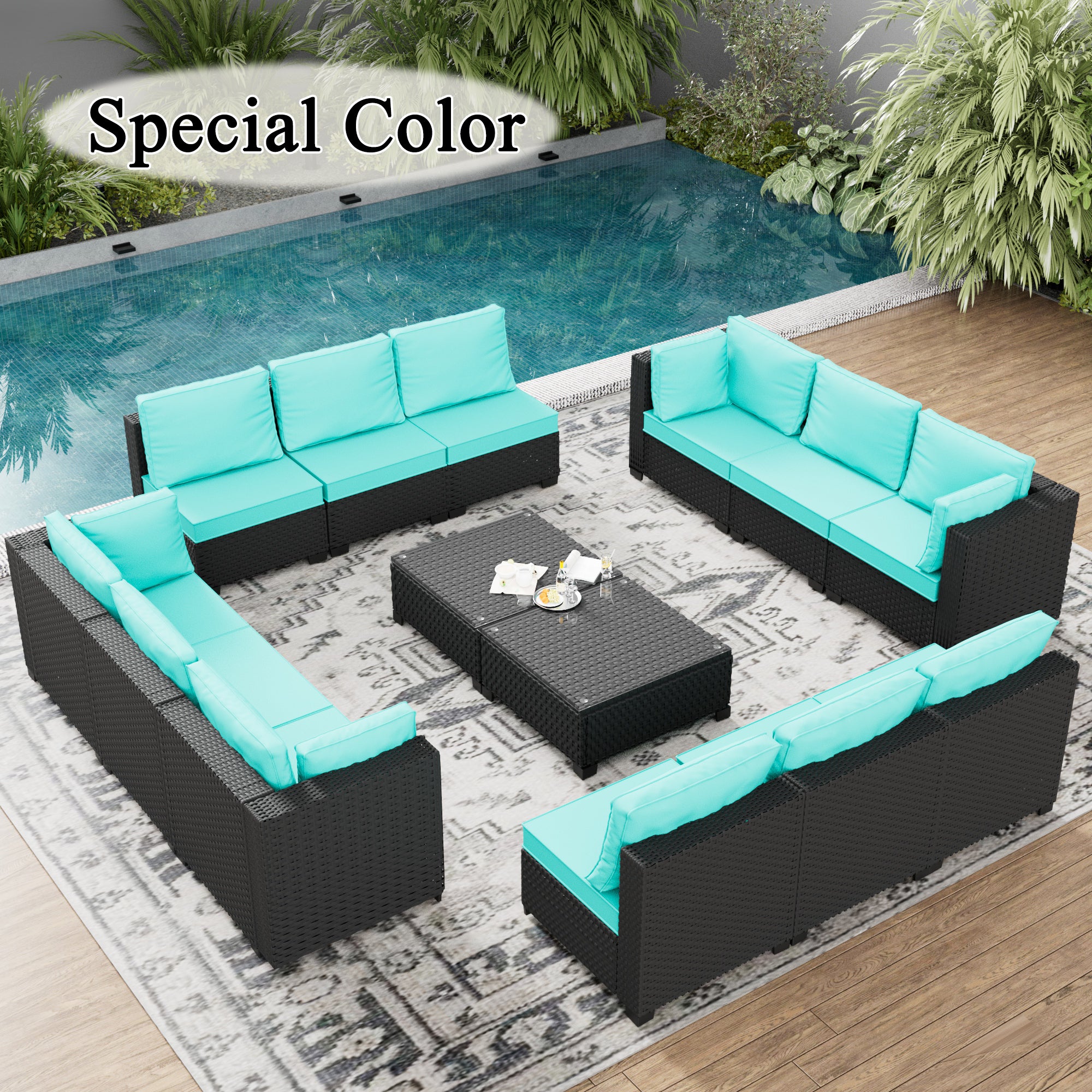 Ark Design 14-Piece Rattan Wicker Outdoor Patio Conversation SofaSeating Set with Coffee Table, Green Cushions with Sofa Protection Cover Option