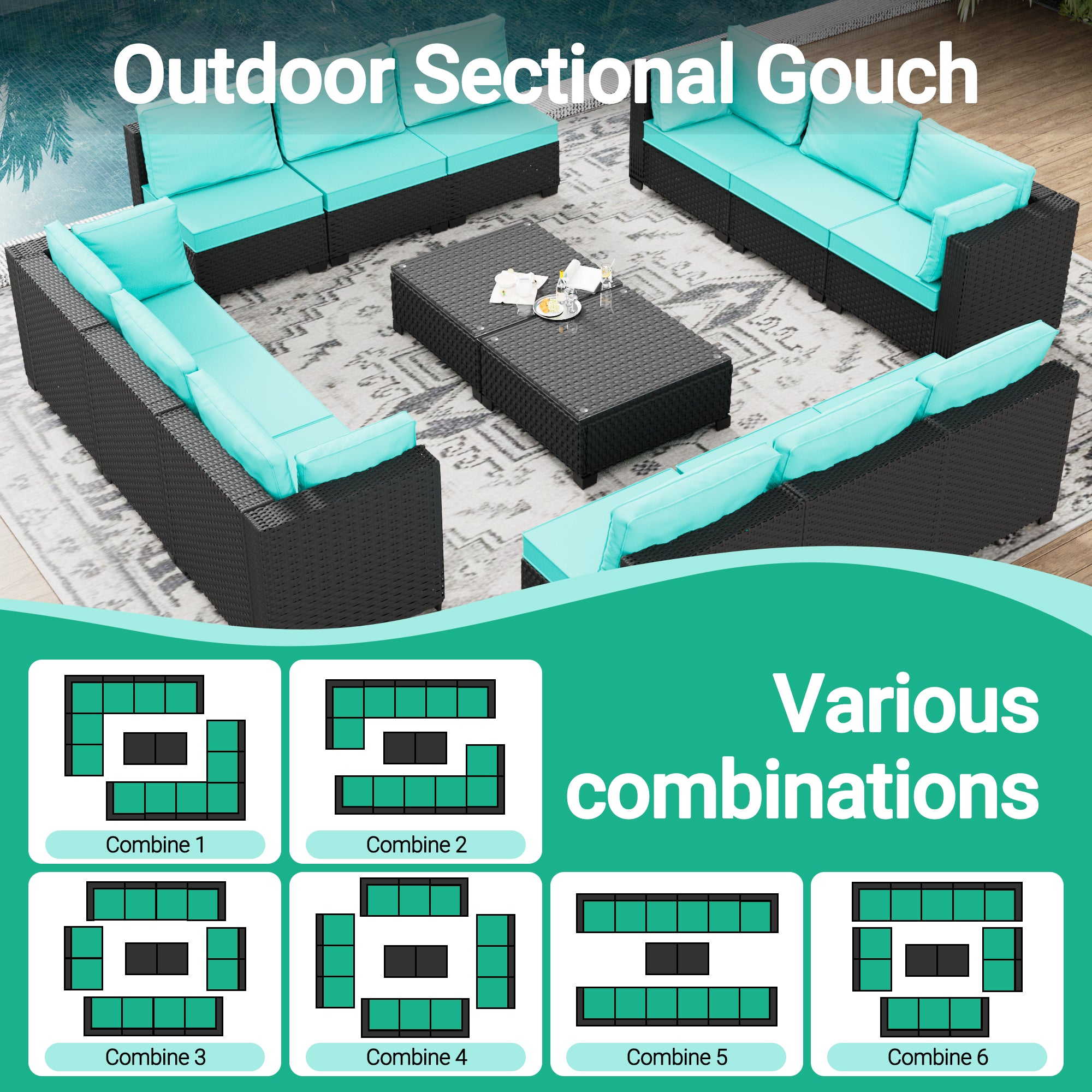 Ark Design 14-Piece Rattan Wicker Outdoor Patio Conversation SofaSeating Set with Coffee Table, Green Cushions with Sofa Protection Cover Option