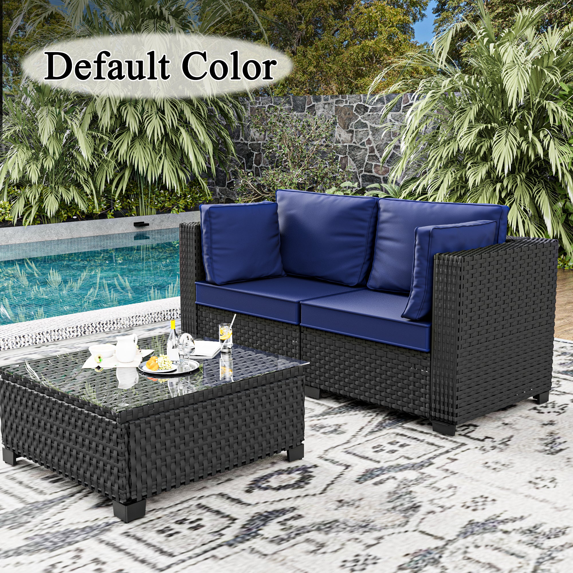 Ark Design 3-Piece Rattan Wicker Outdoor Patio Conversation SofaSeating Set with Coffee Table, Green Cushions with Sofa Protection Cover Option